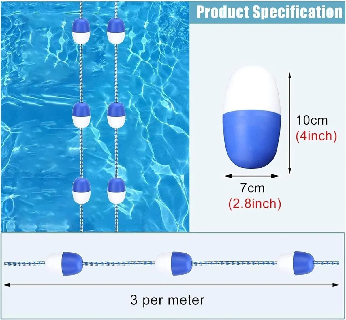 Ce kit de sécurité pour Piscine Comprend Une Corde et Un Flotteur, Une barrière Flottante de 27,4 m avec Crochets, Une Ligne de séparation Portable pour la Partie Profonde et Une bouée de dé