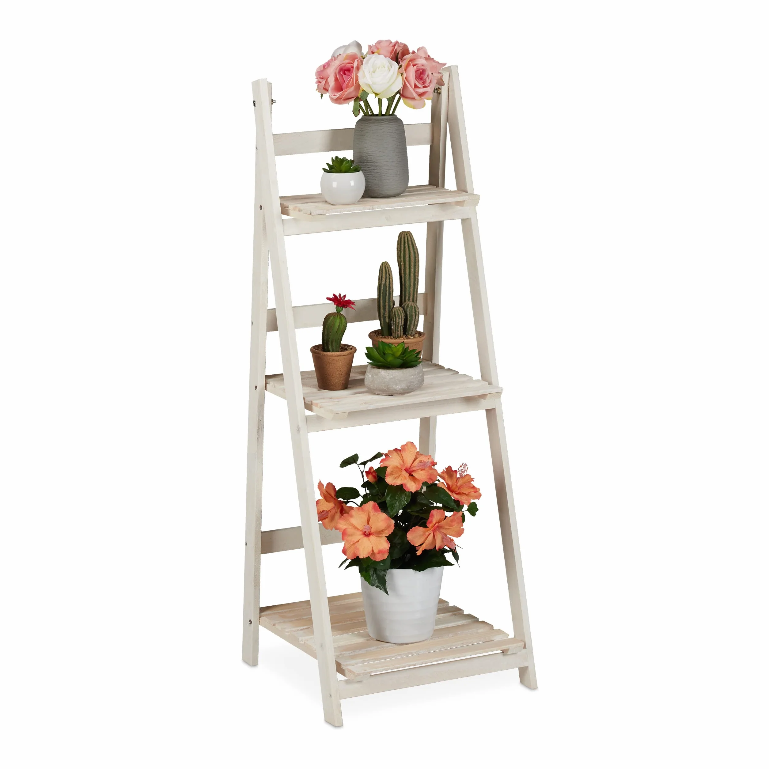 Relaxdays Etagère à Fleurs, pour l’intérieur et Le Balcon, Simple et Chic, Pliante, 108x41x40 cm, 3 marches, Blanc, 108 x 41 x 40 cm