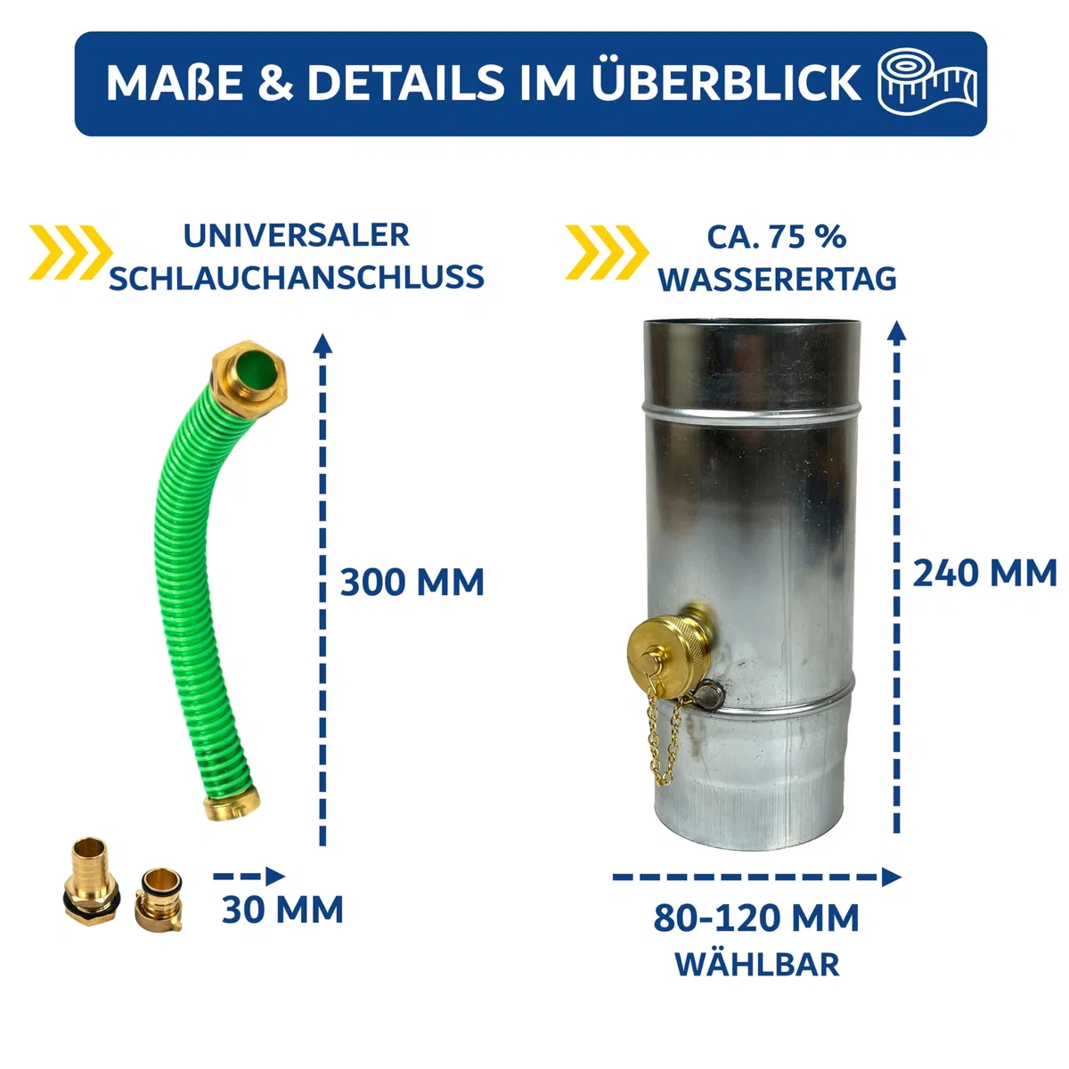 Collecteur d'eau de pluie en zinc de qualité supérieure de 80 mm avec raccord de tuyau et de tonneau pour le tuyau de descente - Collecteur en zinc titane 75 %