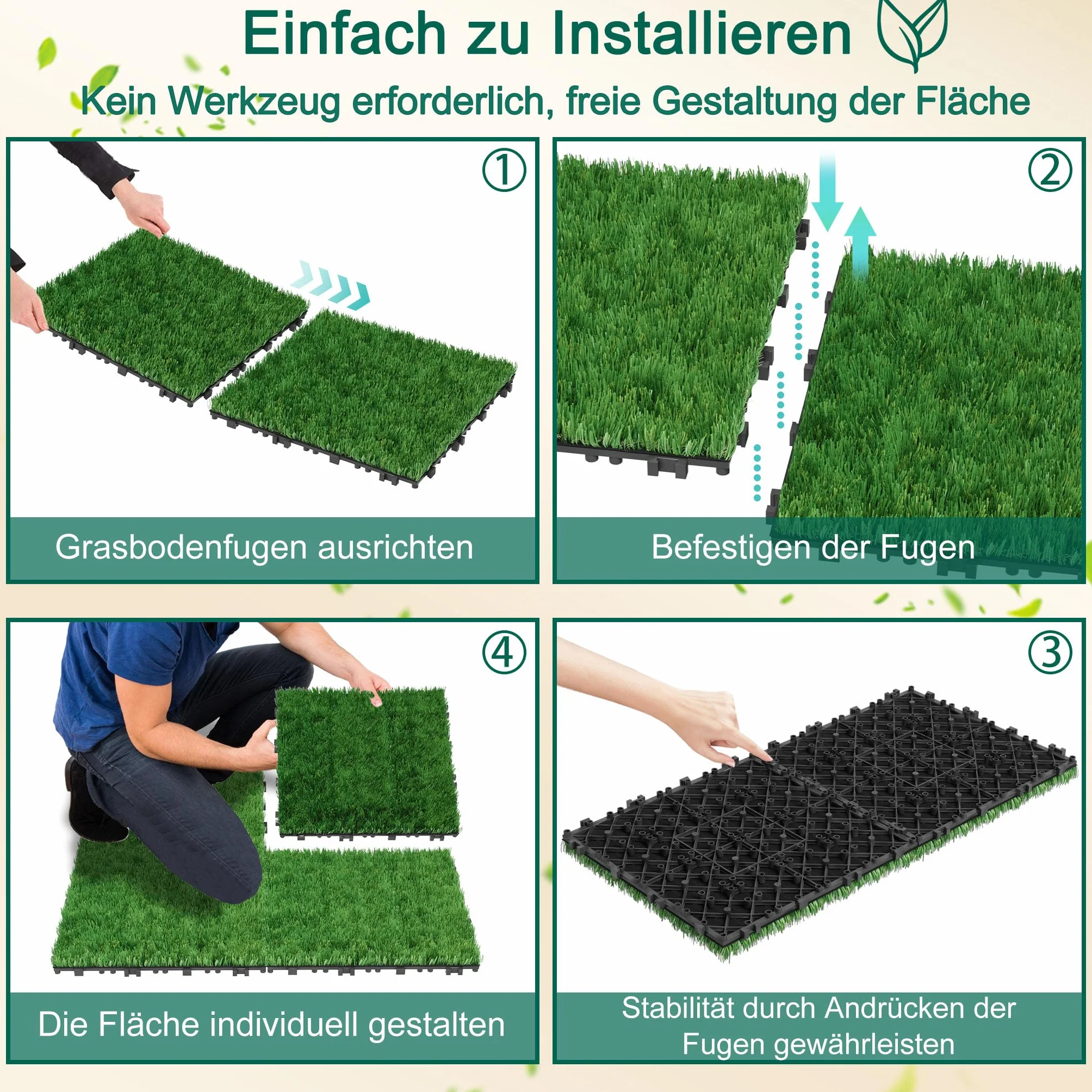 LZQ Lot de 22 tapis de gazon artificiel - 30 x 30 cm - Épaisseur totale : 4 cm - En plastique polyéthylène - Résistant aux UV - Pour jardin, balcon, pique-nique, moquette, extérieur
