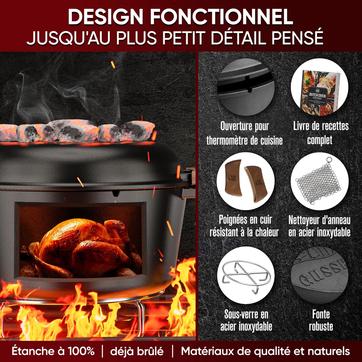 GUSSKÖNIG Dutch Oven 2-en-1 (4,8 L) avec poêle (1,8 L) en matériau robuste – Cocotte Norvégienne avec accessoires et livre de recettes – Idéal BBQ, camping, cuisine.