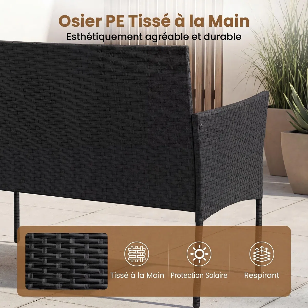 COSTWAY Ensemble Salon de Jardin 4 Pièces en Résine, Mobilier d'Extérieur avec 2 Fauteuils Canapé 2 Places Table Basse Plateau en Verre Trempé Coussins Amovibles, pour Terrasse Jardin (Noir+Noir)