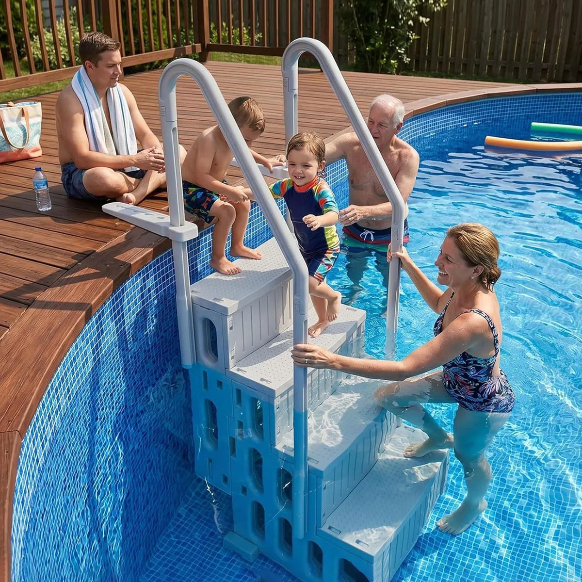 échelle de Piscine Hors Sol à pour Piscines de 116 à 152 cm | Accessoires de Piscine Antidérapants Comprenant Des Supports de Fixation pour Terrasse, Capacité de Charge de 180 kg