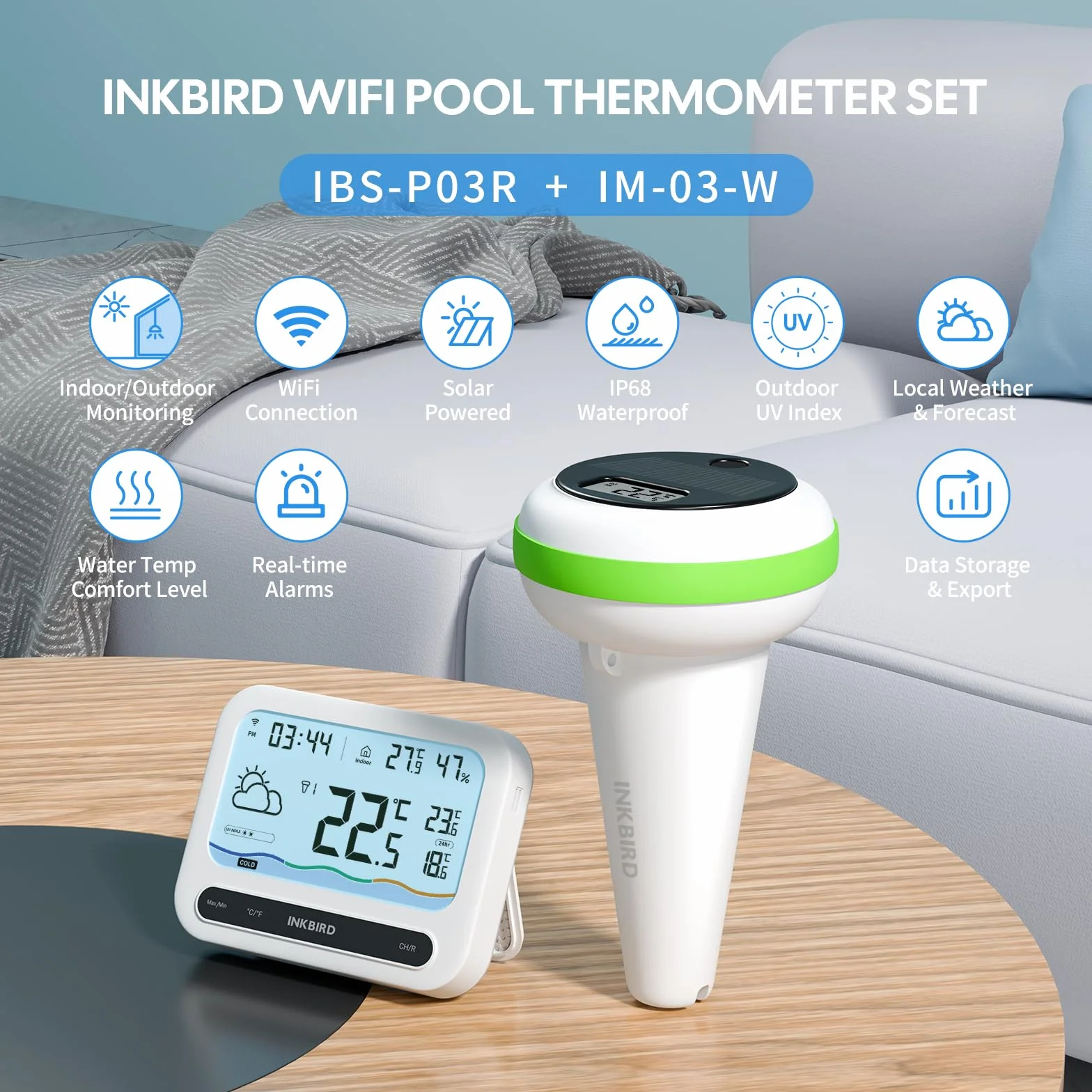 Inkbird Thermomètre Piscine WiFi Solaire Combinaison, Moniteur Intérieur Multifonctionnel avec Info Météo, Contrôle App, Alarme Intelligente
