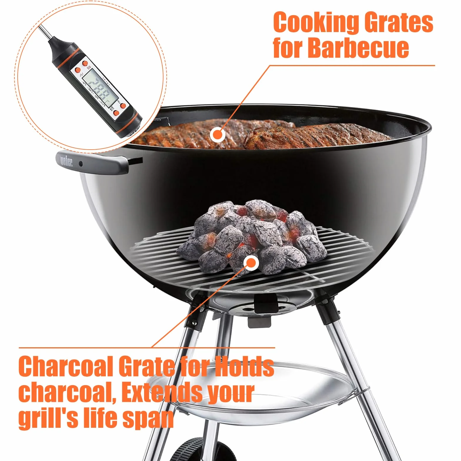 Denmay 7432 7440 Grille de Cuisson et Grille à Charbon pour Grils à Charbon Weber 47 cm, Weber One-Touch, Bar-B-Kettle, Smokey Mountain Cooker Smoker, Jumbo Joe, Original Kettle, avec 1 Thermomètre
