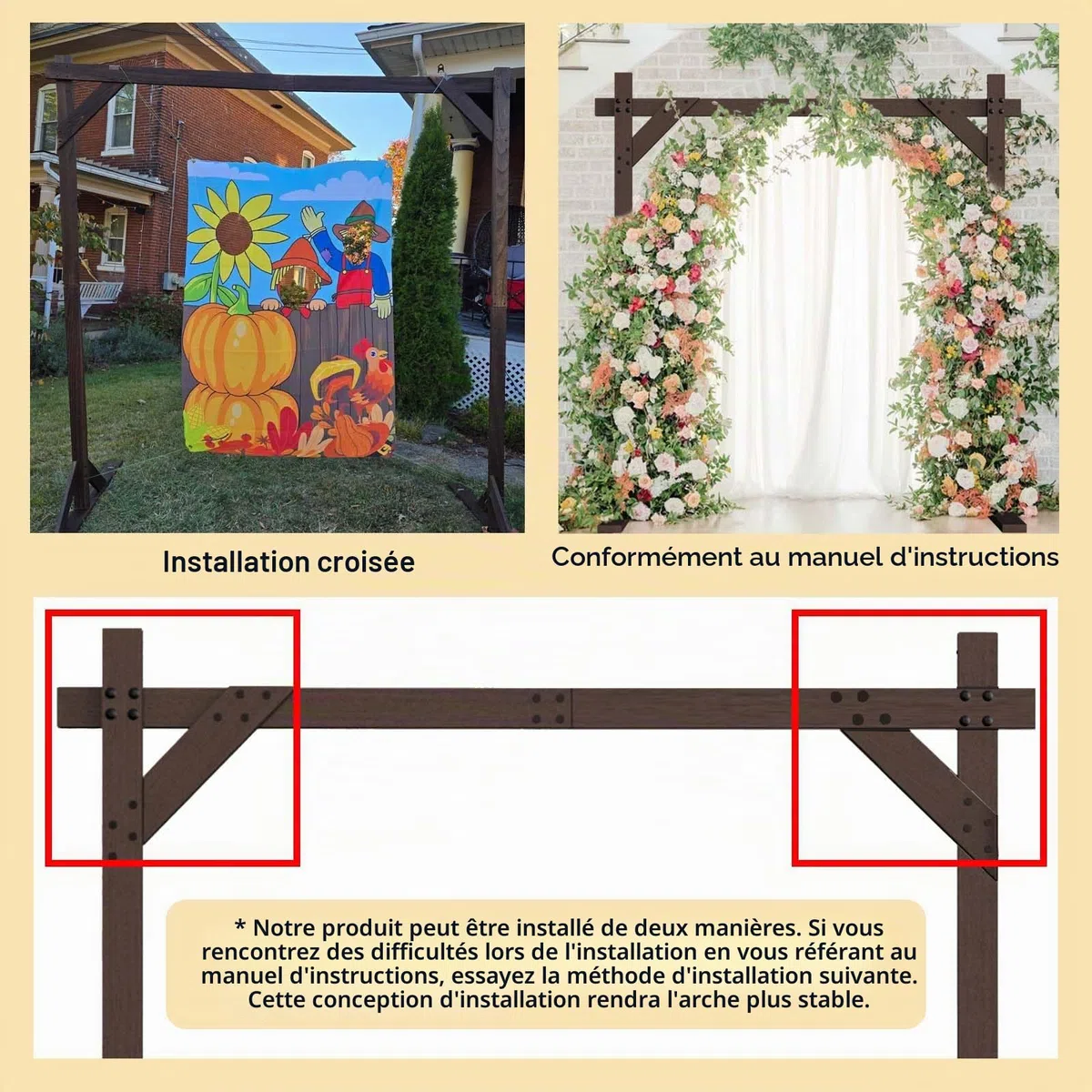 PlusFive Arche de mariage carrée en bois de 2,28 m, grand cadre d'arche de mariage en bois pour demande en mariage, anniversaire, Saint-Valentin, extérieur et intérieur, décoration de jardin rustique