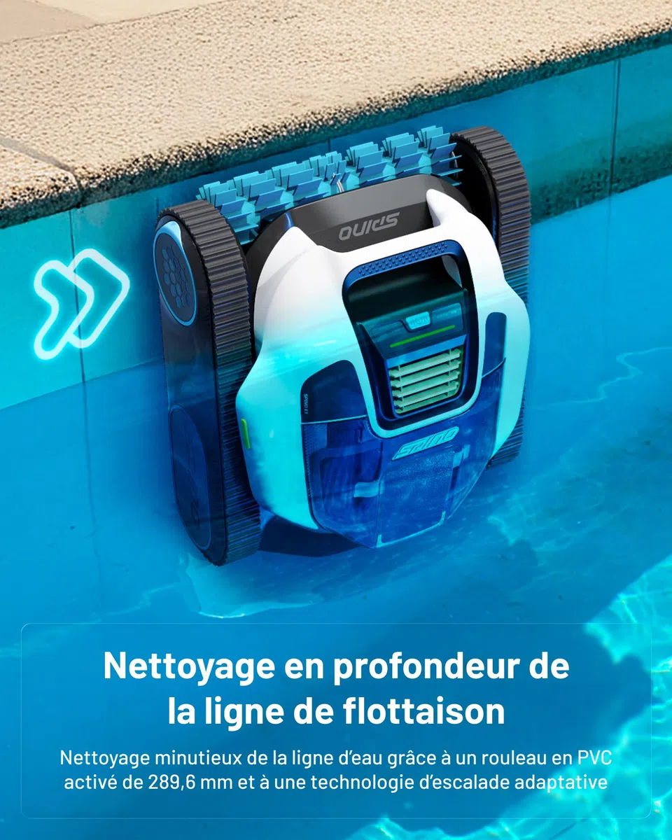 SPINO E1 Robot Piscine sans Fil | Autonomie 210 Min, 21950 LPH, 5 Modes, Nettoyage Parois et Ligne d'Eau, Contrôle par App, Trajet SmartArc, Piscines 150 m²