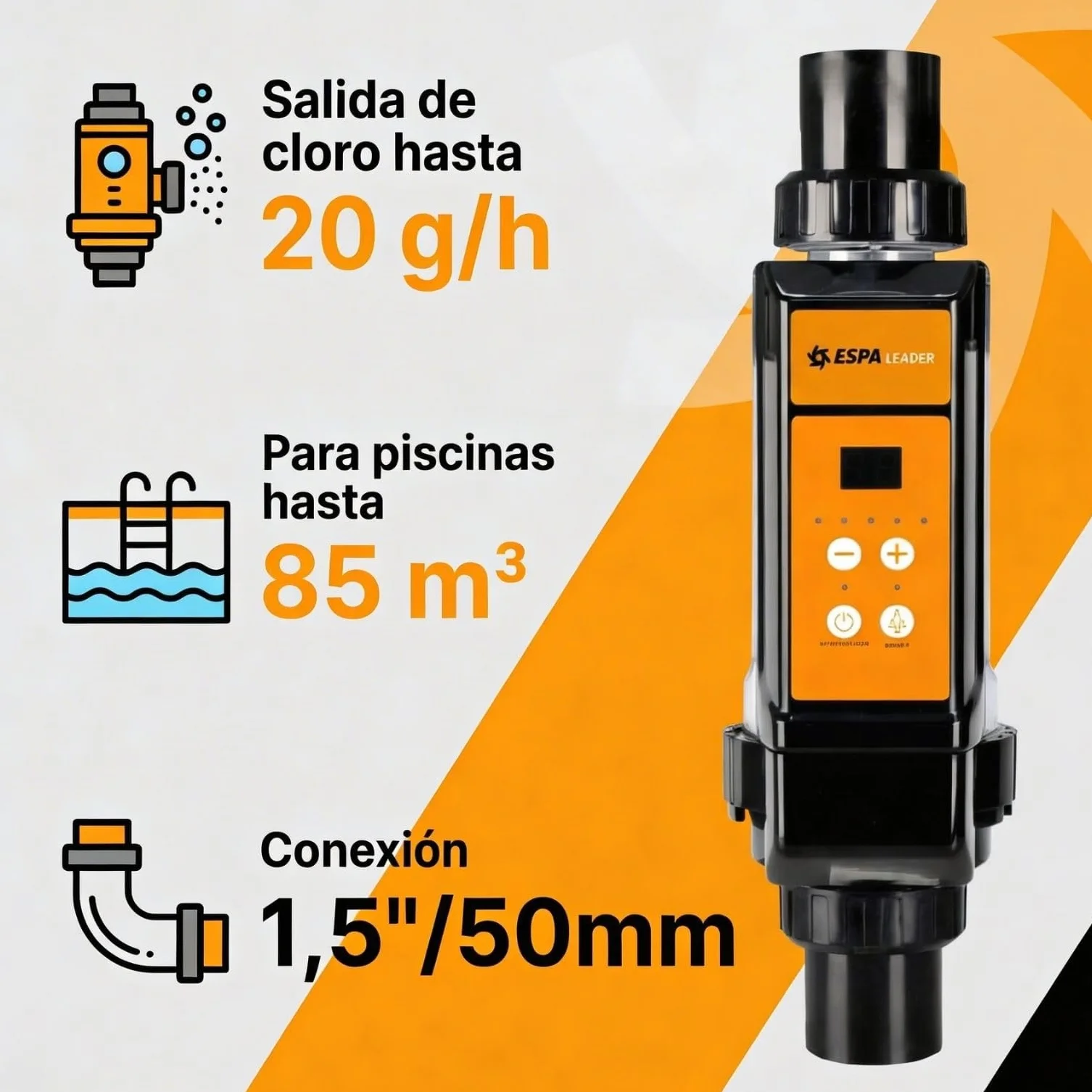 ESPA LEADER Chlorateur salin 20 g doseur Chlore par électrolyse Saline | Pour piscines jusqu'à 85 m³, production de chlore 20 g/h, auto-nettoyage par inversion de polarité, fonction de mémoire