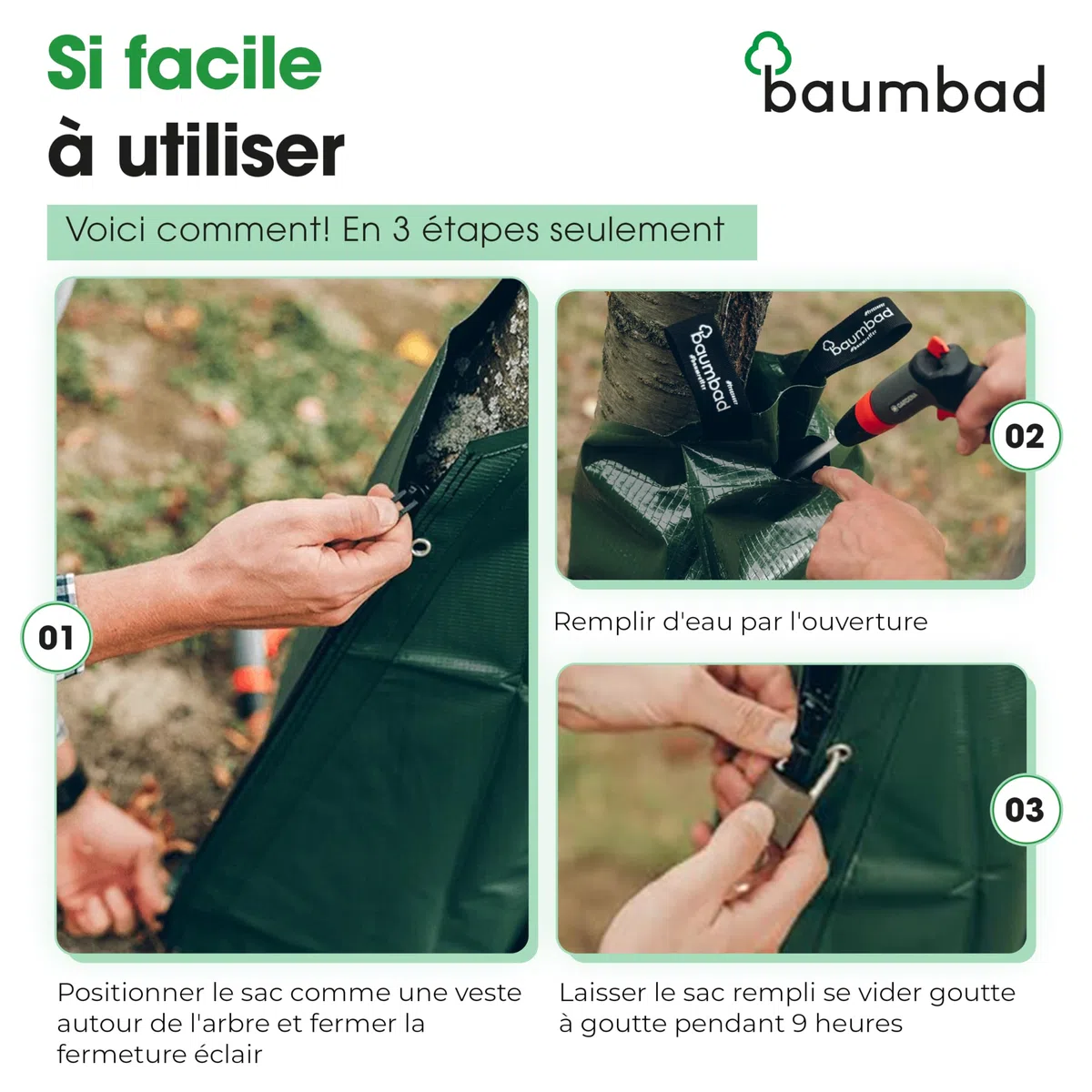 baumbad | 1 sac d'irrigation pour arbres pour un système d'irrigation à long terme | Sac à eau robuste de 75 litres/sac d'irrigation, en PVC résistant aux UV, support de plantes pour les étés chauds