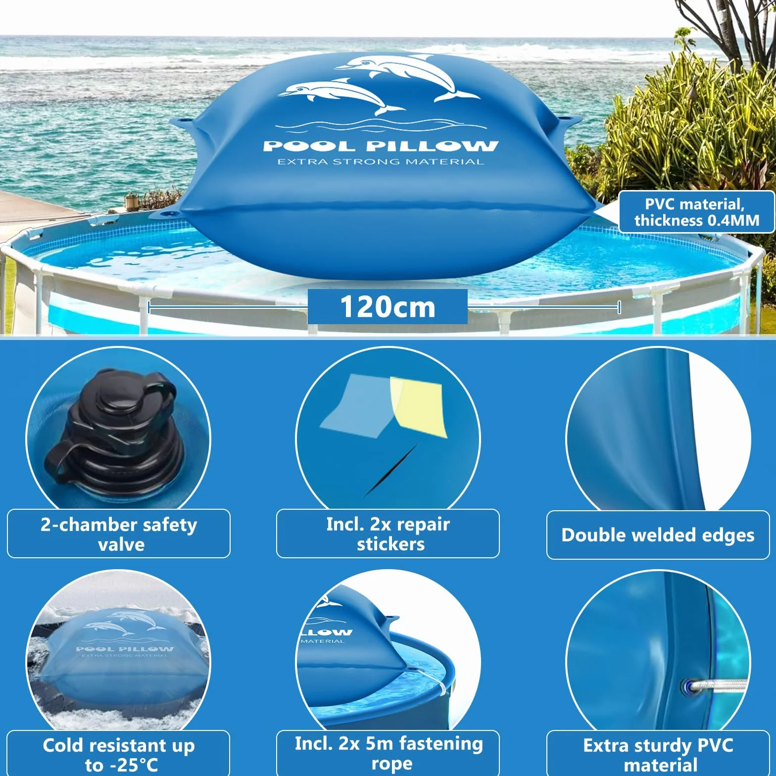 Coussin de Piscine pour l'hiver, XXL 120 x 120 cm Coussin d'air de Piscine, Flotteur Hivernage Piscine, Coussin Piscine Hivernage avec Valve de Sécurité avec Kit de Réparation,Double Couture