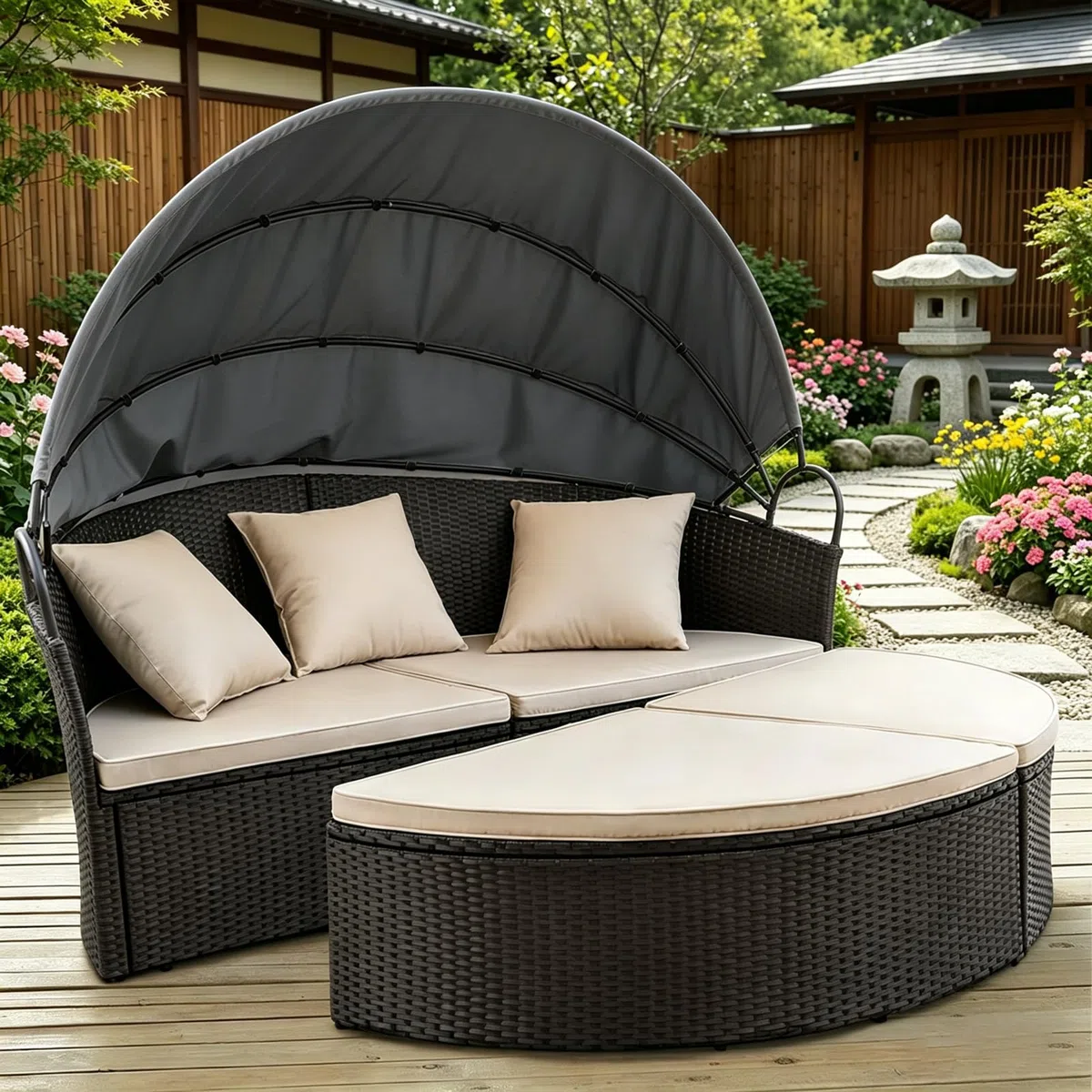 Toit de lit de jour en osier pour terrasse - Pour lit de jour d'extérieur - Toit rond de rechange pour l'extérieur - Accessoires de chaise longue - Gris foncé - 167,64 cm