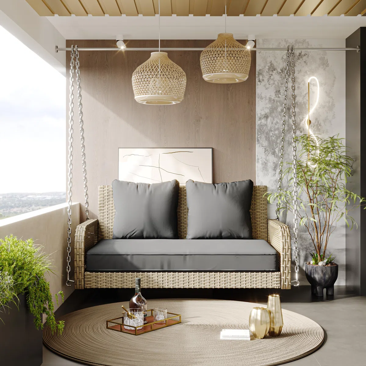 BTM Balancelle de Jardin 2 Places avec Coussins Gris Amovibles, Balançoire Suspendue de Jardin en Rotin, Balançoire Hollywoodienne avec 2 Chaînes en Métal, Chaise hamac Suspendue, Beige