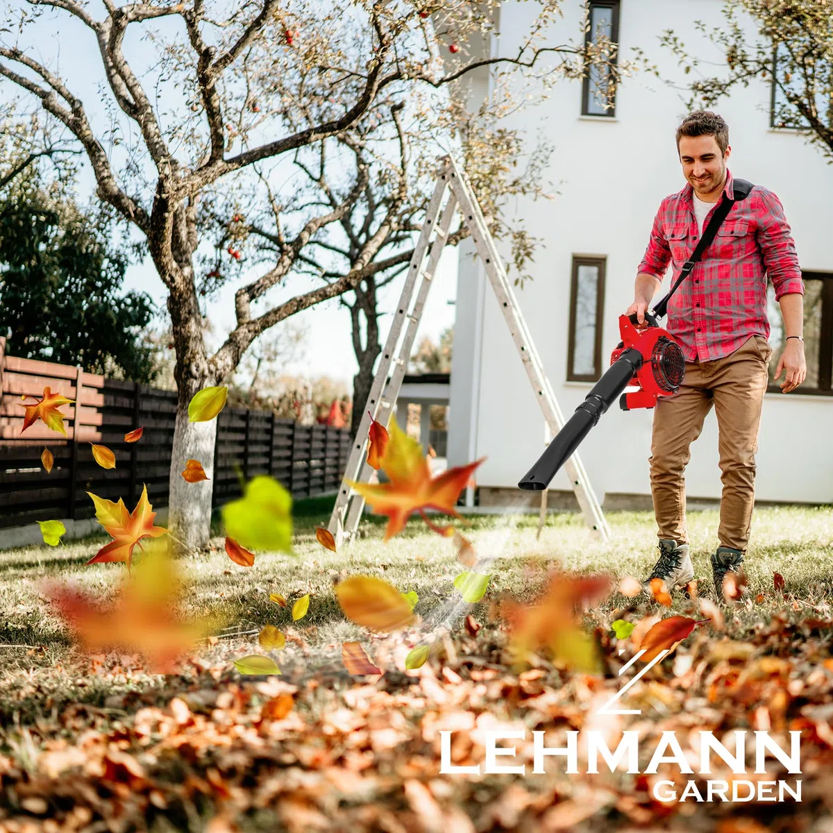 Lehmann Souffleur de Feuilles Thermique 4en, Aspirateur à Feuilles avec Fonction Broyage & Sac de 50L, 2 Temps, Vitesse 97 m/s, Harnais, 2 Tubes & 0,5L Huile Spéciale