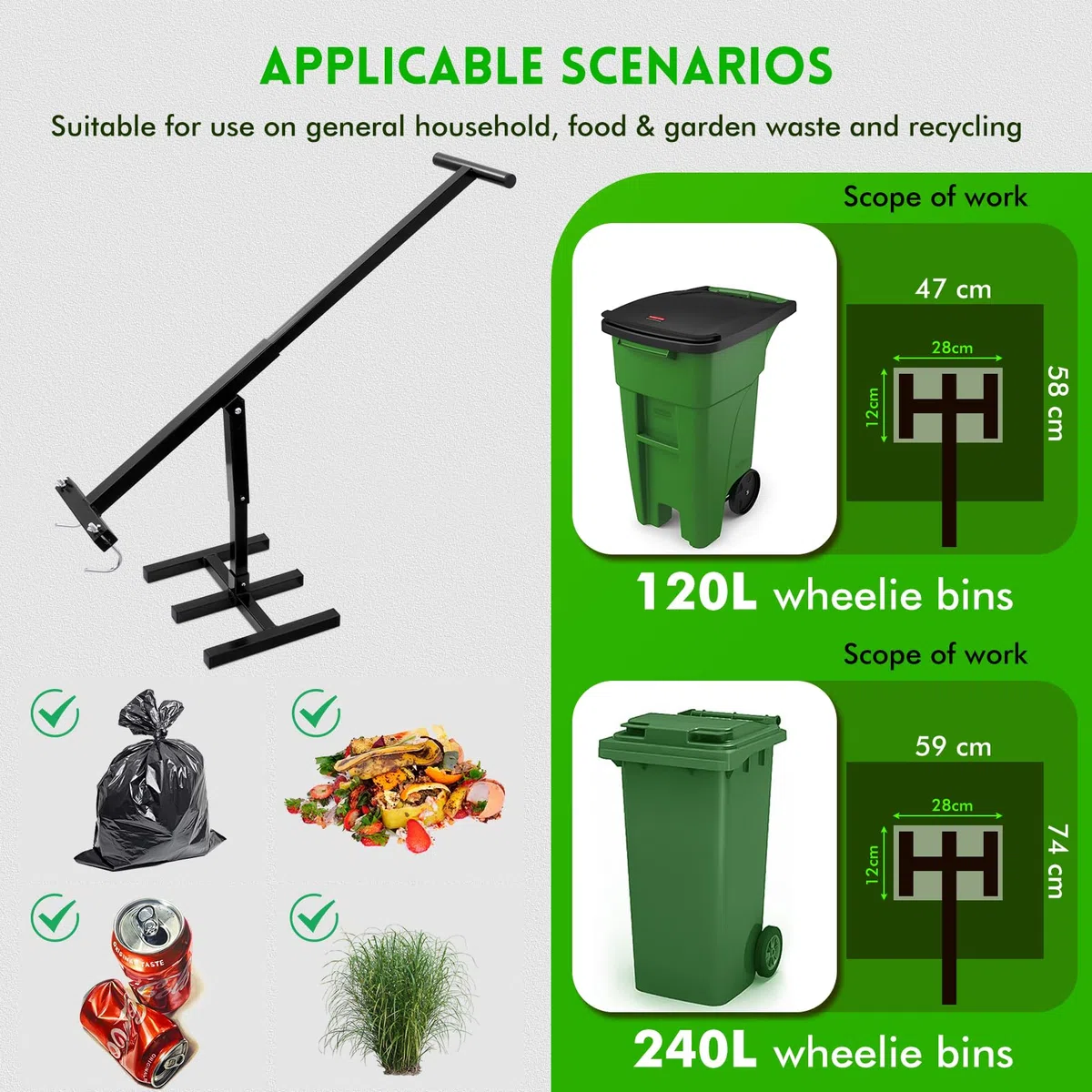 Compacteur Déchets,Compacteurs Poubelles pour Poubelles à Roulettes de 120L à 240L,Réglable en Hauteur Compacteur de Déchets pour Maison, Cuisine, Restaurant,Noir