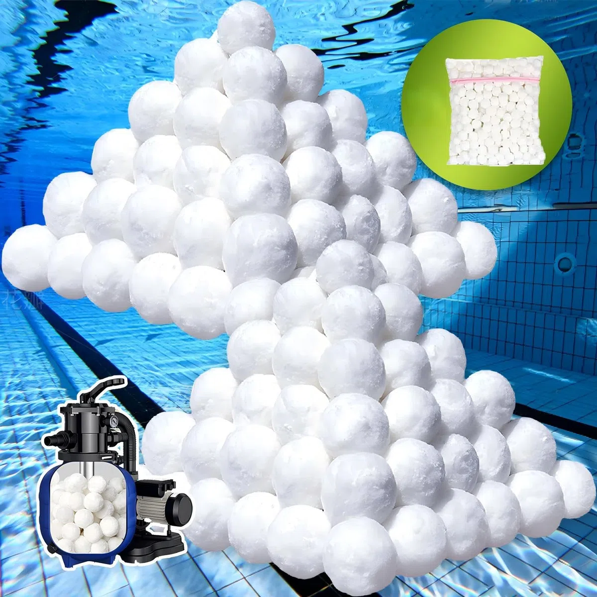 2260g Balle Filtrante Piscine,Lavables en Machine/Réutilisables Balles Filtrantes Piscine avec Filet de Lavage(Remplace 85kg de Sable Filtrant),Compatibles avec Divers Systèmes de Filtration
