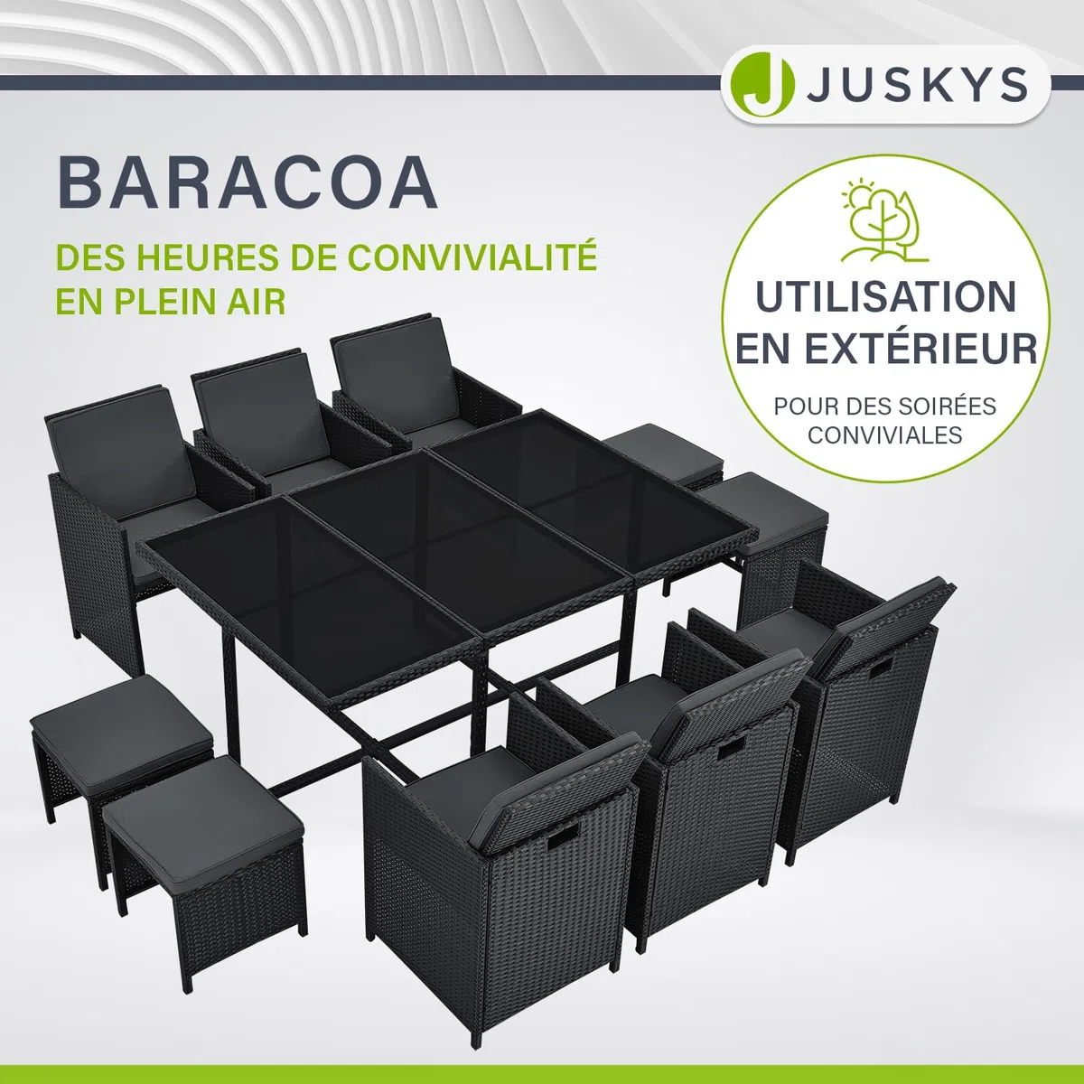 Juskys Groupe de sièges en polyrotin Baracoa XL 11 pièces résistant aux intempéries et empilable - Ensemble de mobilier de Jardin avec 6 chaises, 4 tabourets et Table - Noir, 10 Personnes
