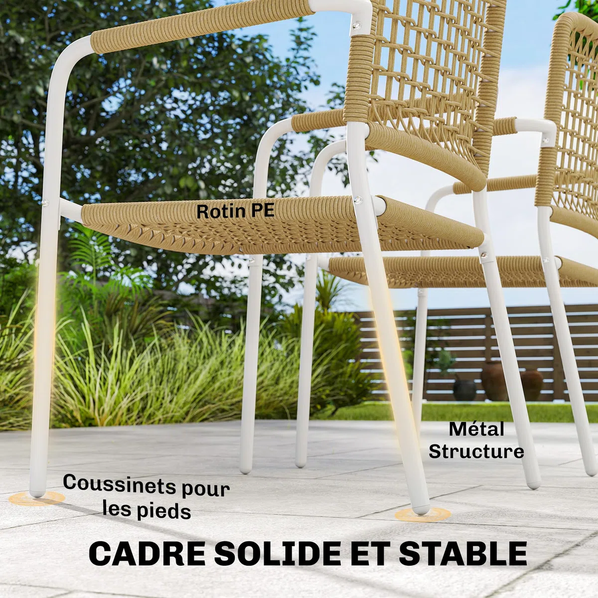 Outsunny Lot de 2 Chaises de Jardin en Résine Tressée Empilables Jaune | Chaise de Salle à Manger, avec Accoudoirs et Dossier, Fauteuil de Jardin Exterieur, pour Balcon Terrasse Patio