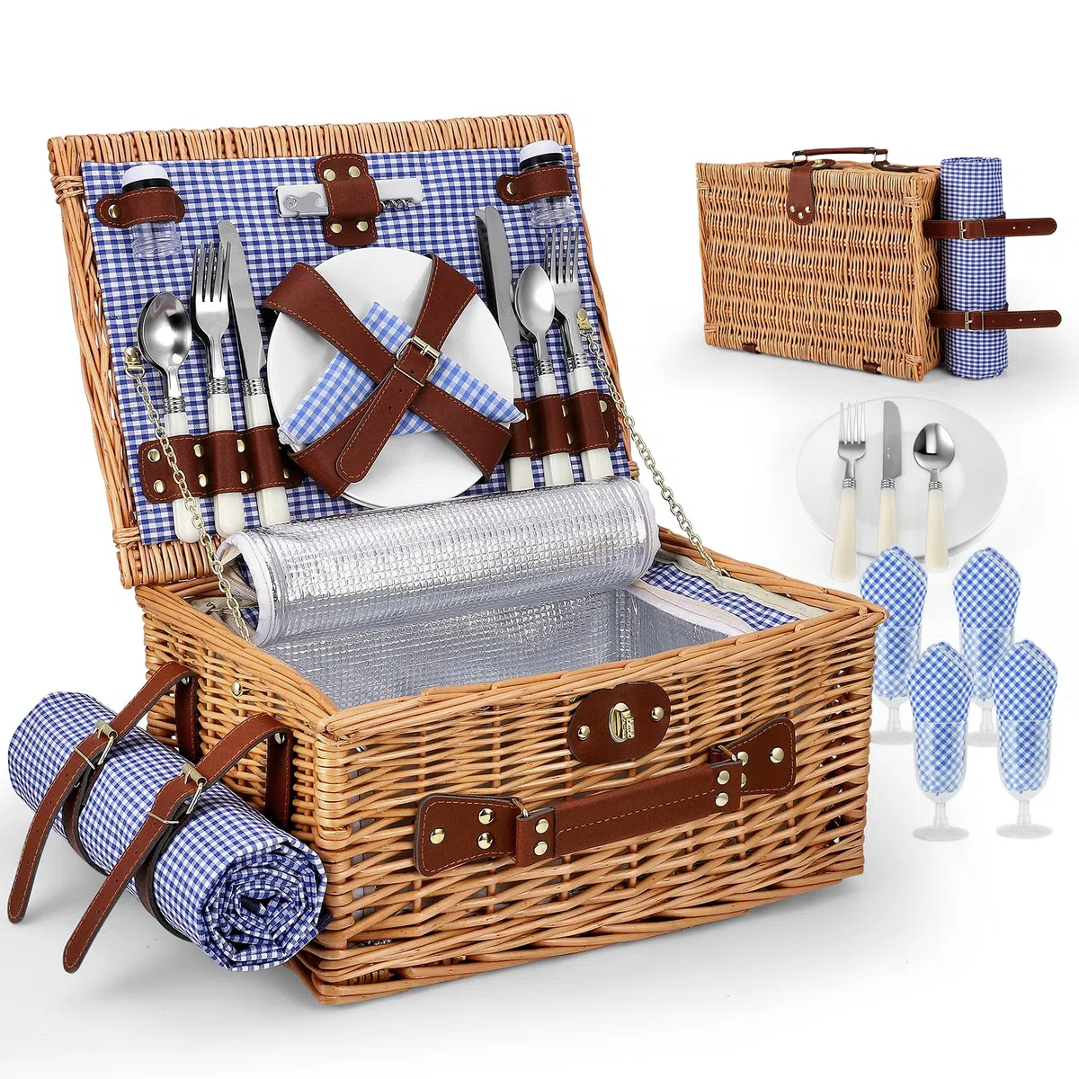 Panier de pique-nique pour 4 personnes, fait à la main, avec couverture de pique-nique, 4 ensembles d'ustensiles, couverts parfaits pour les pique-niques