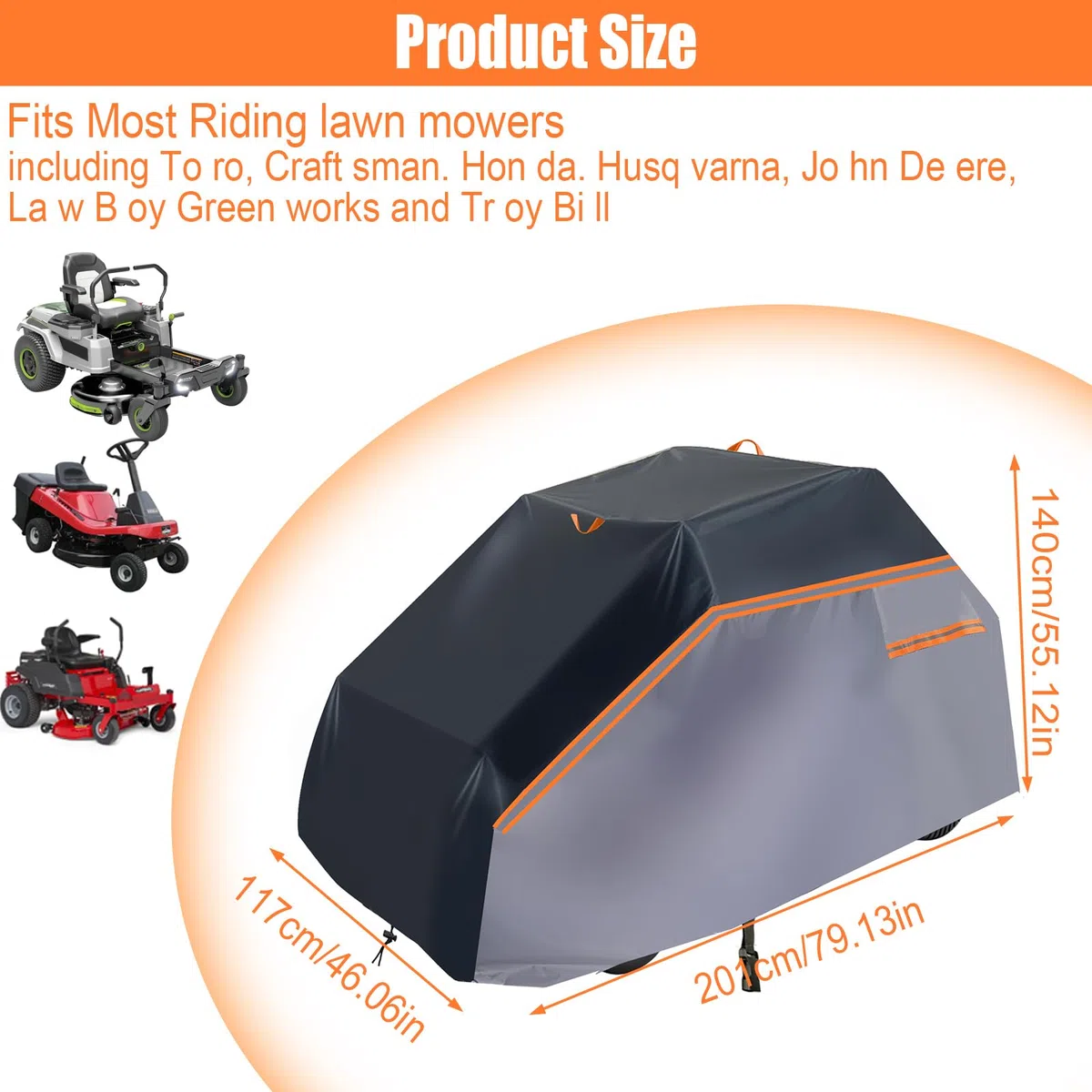 Bâche de Tracteur à Gazon 600D, imperméable Anti-poussière résistante aux UV Coupe-Vent, Anti-Pluie Housse de Protection pour Tondeuse à Gazon d'extérieur(L201 x W140 x H117 cm)