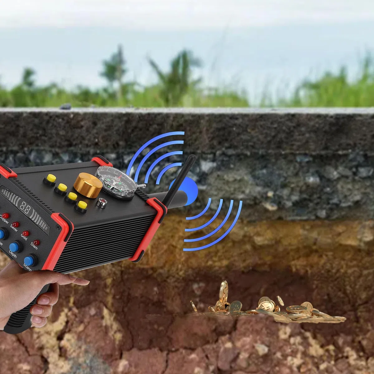 Tnfeeon Détecteur de Métaux, Détecteur de Métaux Portable Léger et Robuste avec Boussole, Profondeur de 49,2 Pieds, Portée de 1000 M pour L'exploration, la Randonnée, la Plage, la