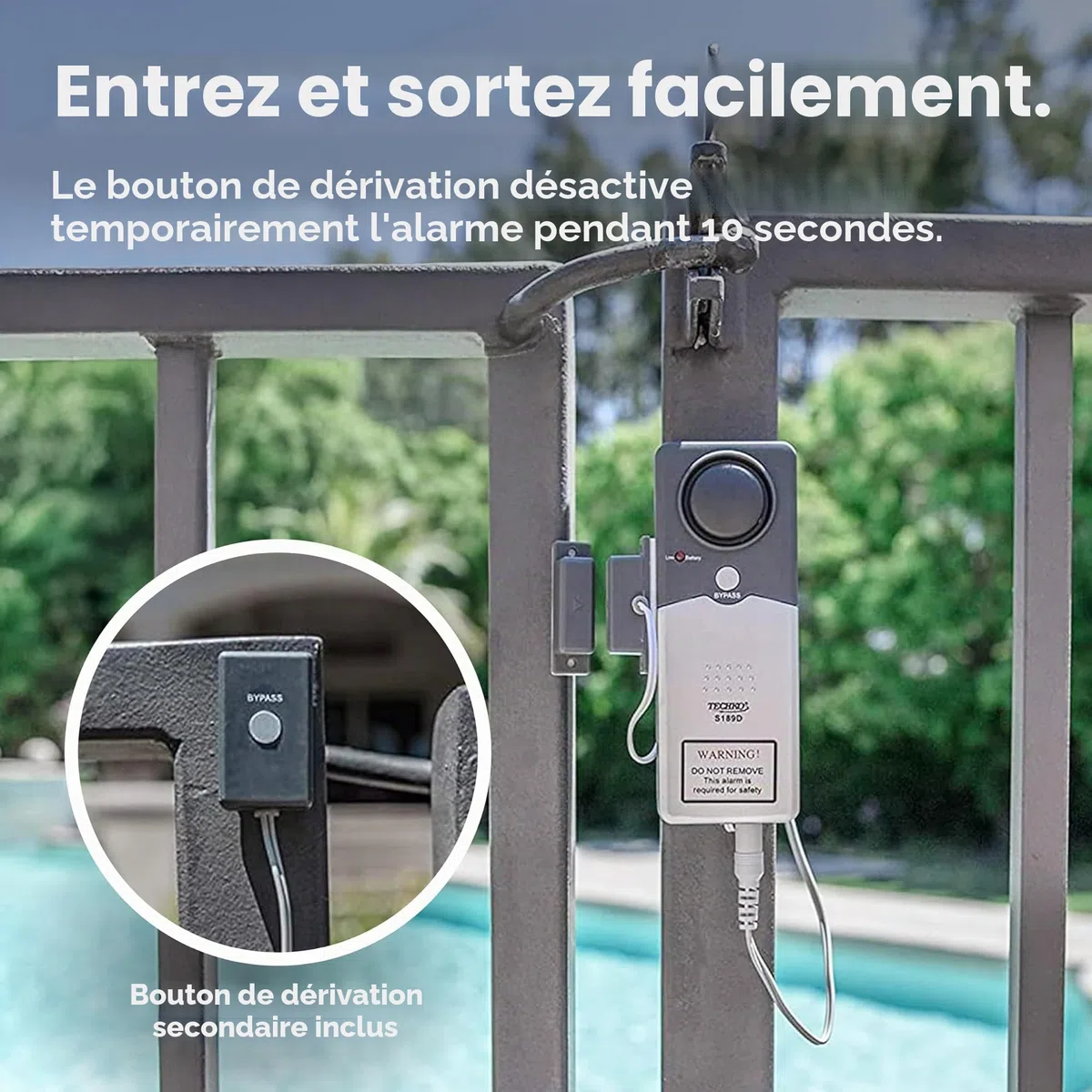 Techko S189 Alarme de piscine ultra fine et sûre pour enfants, conforme à la norme ETL UL 2017, résistante aux intempéries, alarme puissante de 110 dB avec 2 boutons de dérivation, gris, 1 pièce