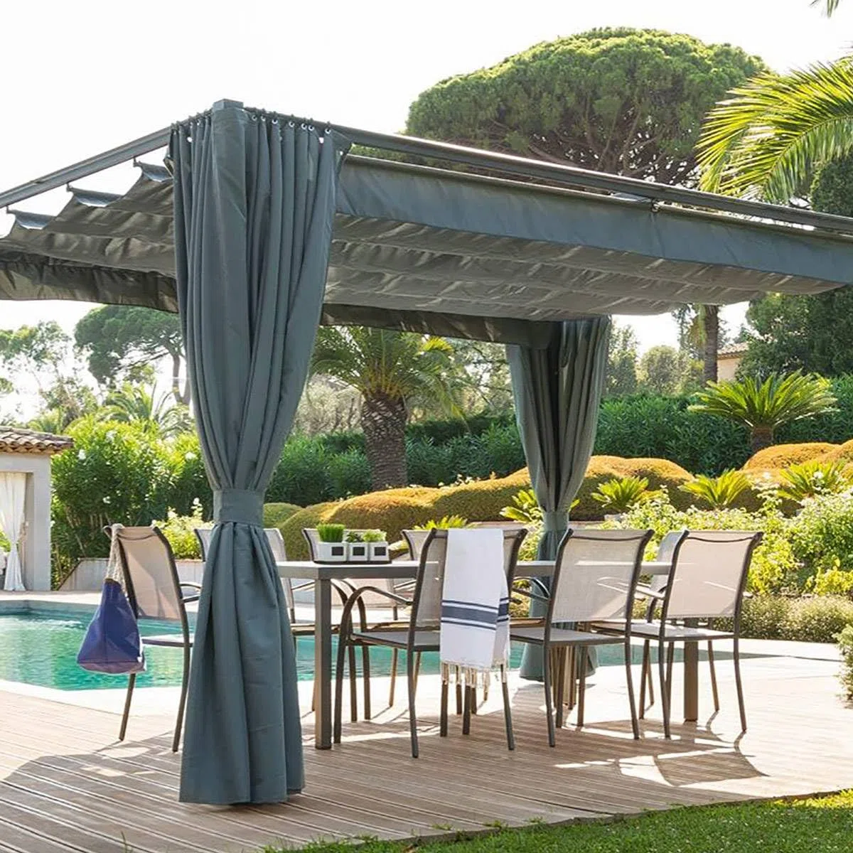 Hespéride - Lot de 4 Rideaux pour Tonnelle Palmeira - Ardoise, 365 x 220 cm - Polyester Anti-Décoloration - Accessoire Pavillon de Jardin, Tente