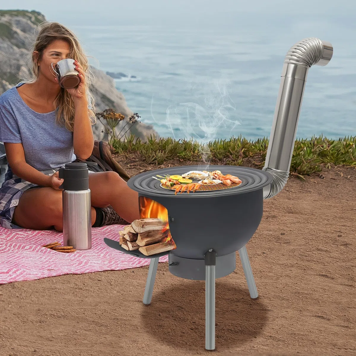 Poêle à bois portable avec anneaux de cuisson 3/4 et bac à cendres - Pieds amovibles - Four en tôle d'acier robuste avec ventilation et cheminée - Pour camping, pique-nique et cuisine en plein air