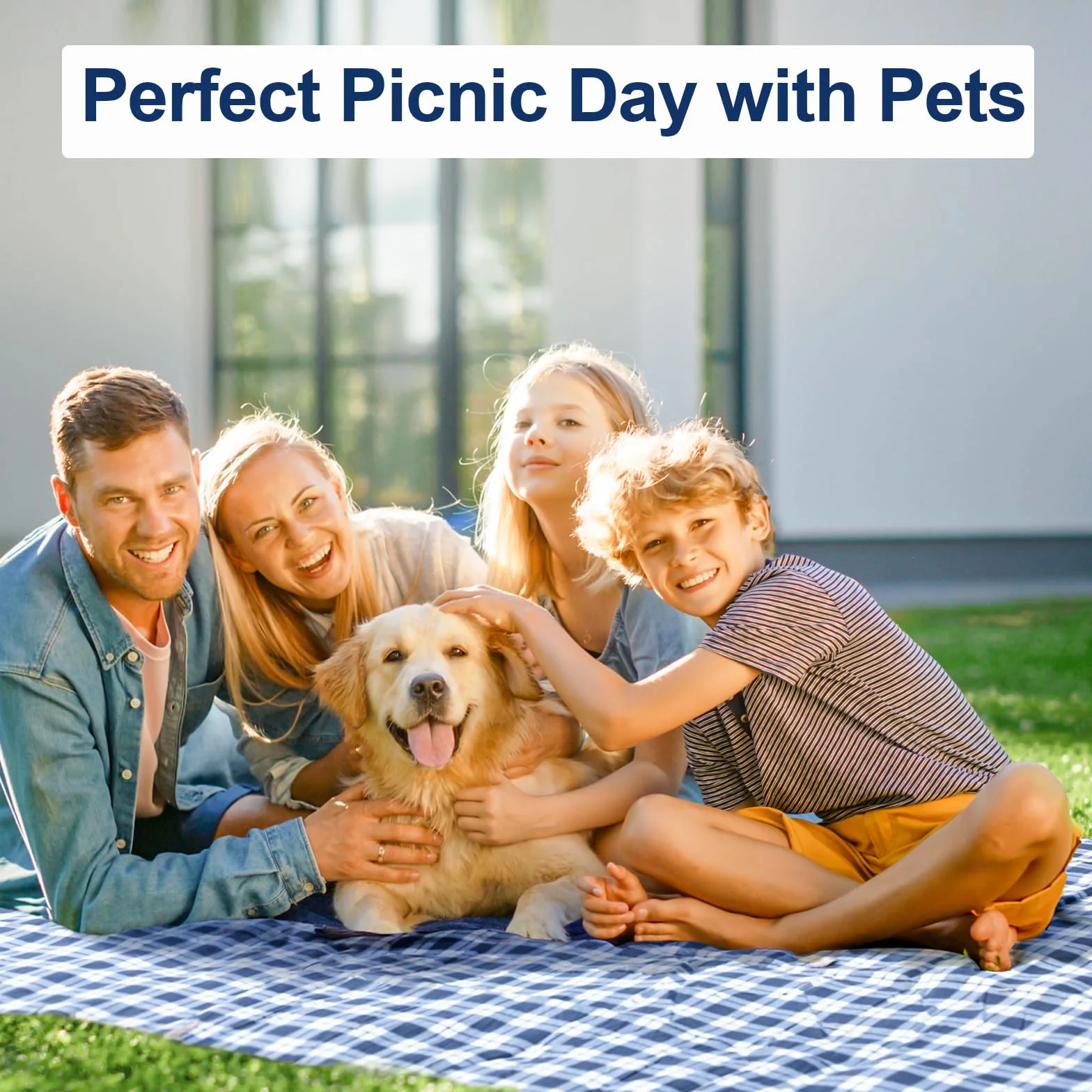 Couverture de Pique-Nique - 300 x 300 cm - Imperméable - sans Sable - Lavable - XXL - Pliable - avec bandoulière - Idéale pour la Plage et Le Parc (Grille Bleue et Blanche)