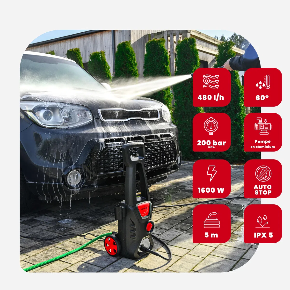 LEHMANN Jukon Nettoyeur Haute Pression, 1600 W, Max. 200 Bar, Débit 480 l/h, Tuyau 5 m, Pompe en Aluminium, Buse réglable & rotative, Lance à Mousse, Idéal pour Maison, Jardin, Terrasse, Voiture