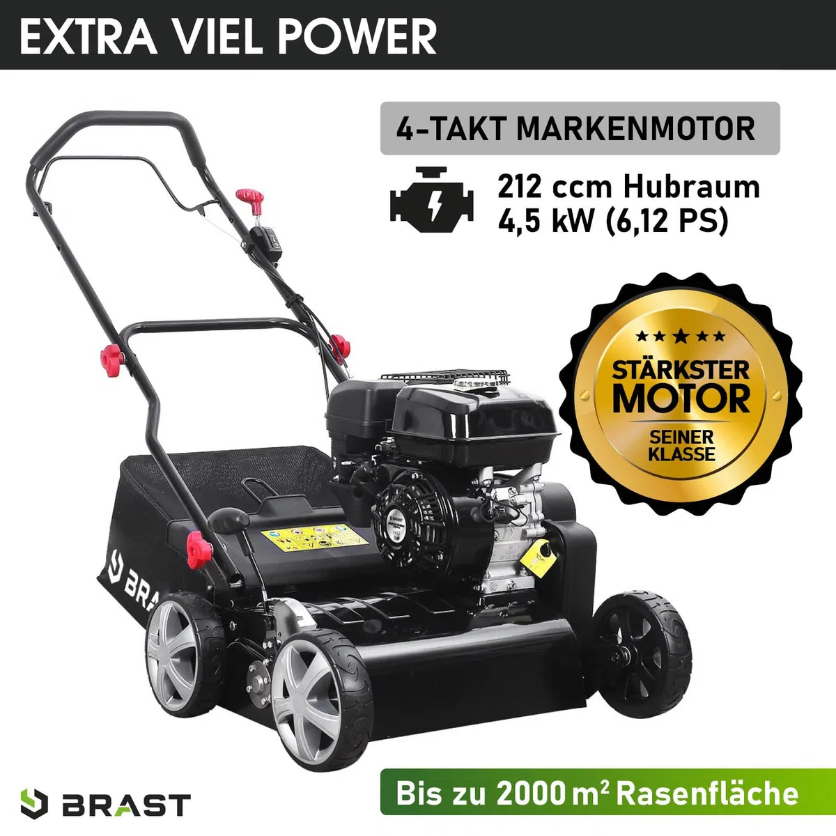 BRAST scarificateur thermique 212cc 6,12 ch Motor 4 temps, largeur de travail 42 cm - 4 MODÈLES puissances différentes - bac de ramassage 50 l, carter en metal, émousser gazon