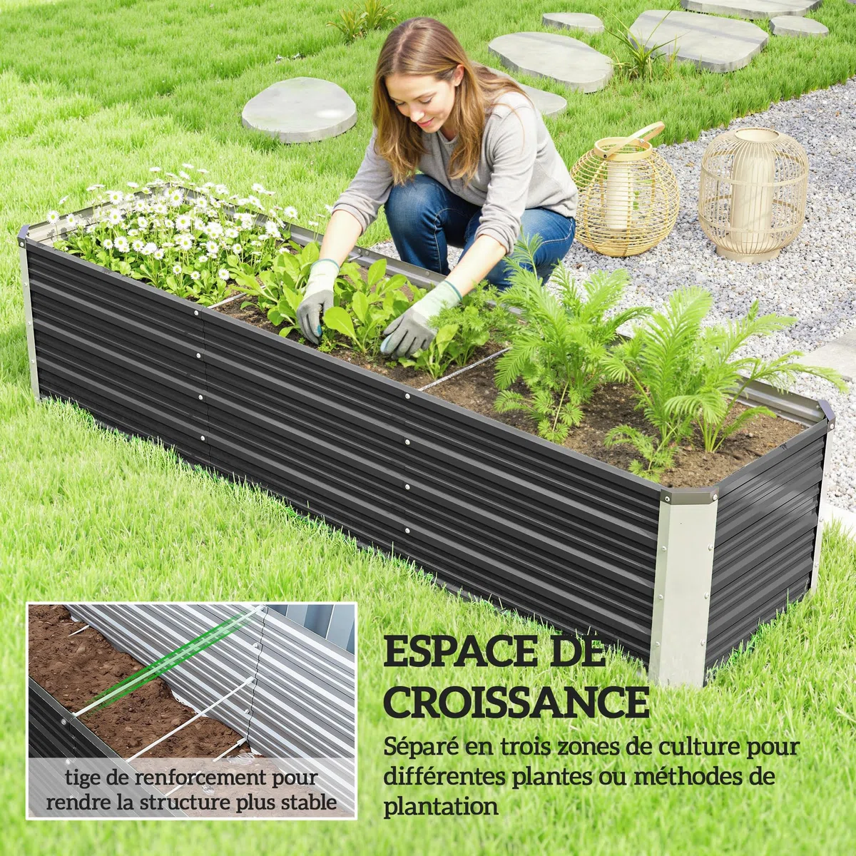Outsunny Jardinière surélevée en Acier avec Gants 183x47x40 cm Gris | Lit de Jardin, Carré Potager de Jardin pour Fleurs, Herbes, Légumes