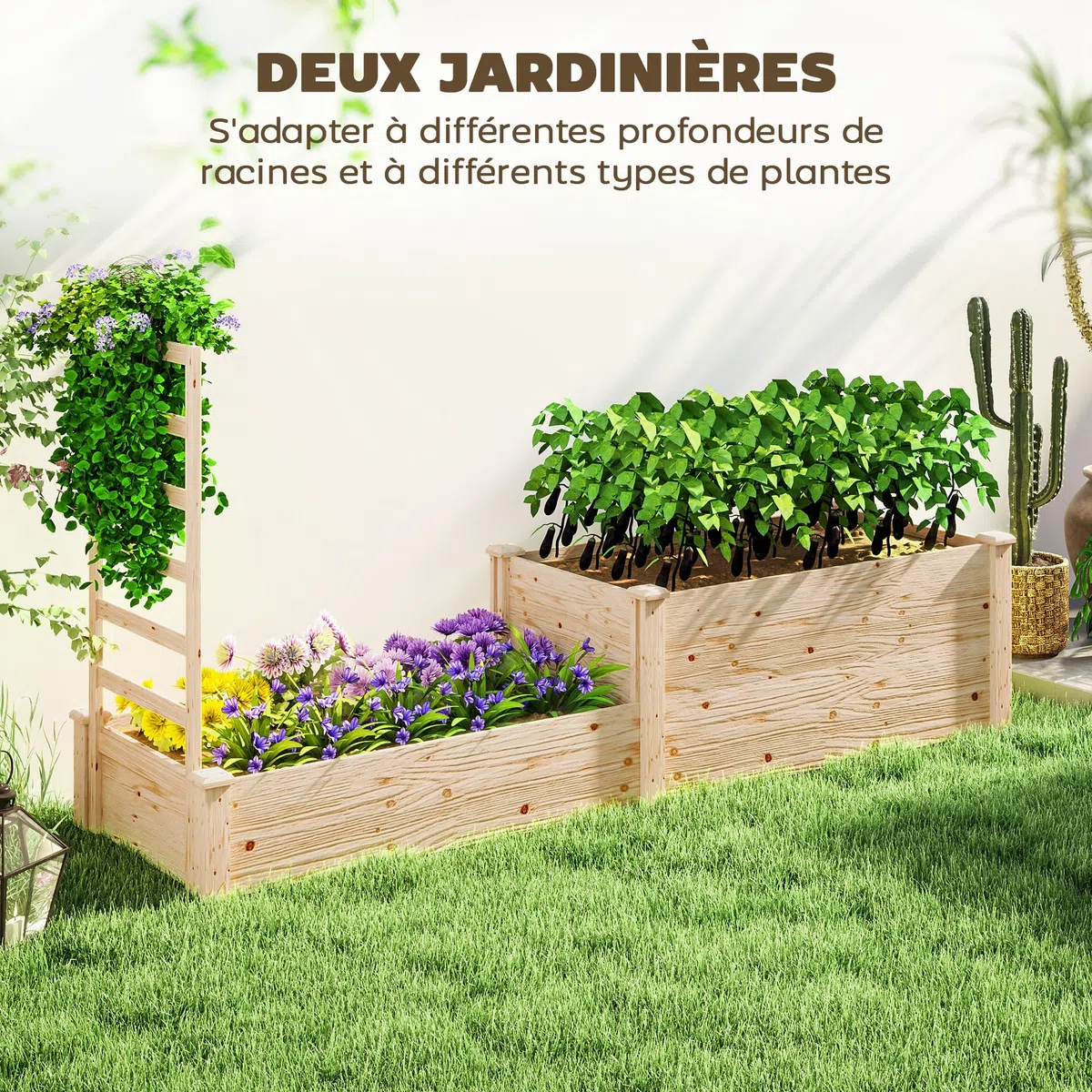 Outsunny Jardinière avec Treillis, lit surélevé de Jardin, jardinière extérieure à 2 bacs avec Fond Ouvert, bac à Fleurs en Bois pour Balcon terrasse Patio, 222 x 63 x 132 cm, Effet Bois Naturel