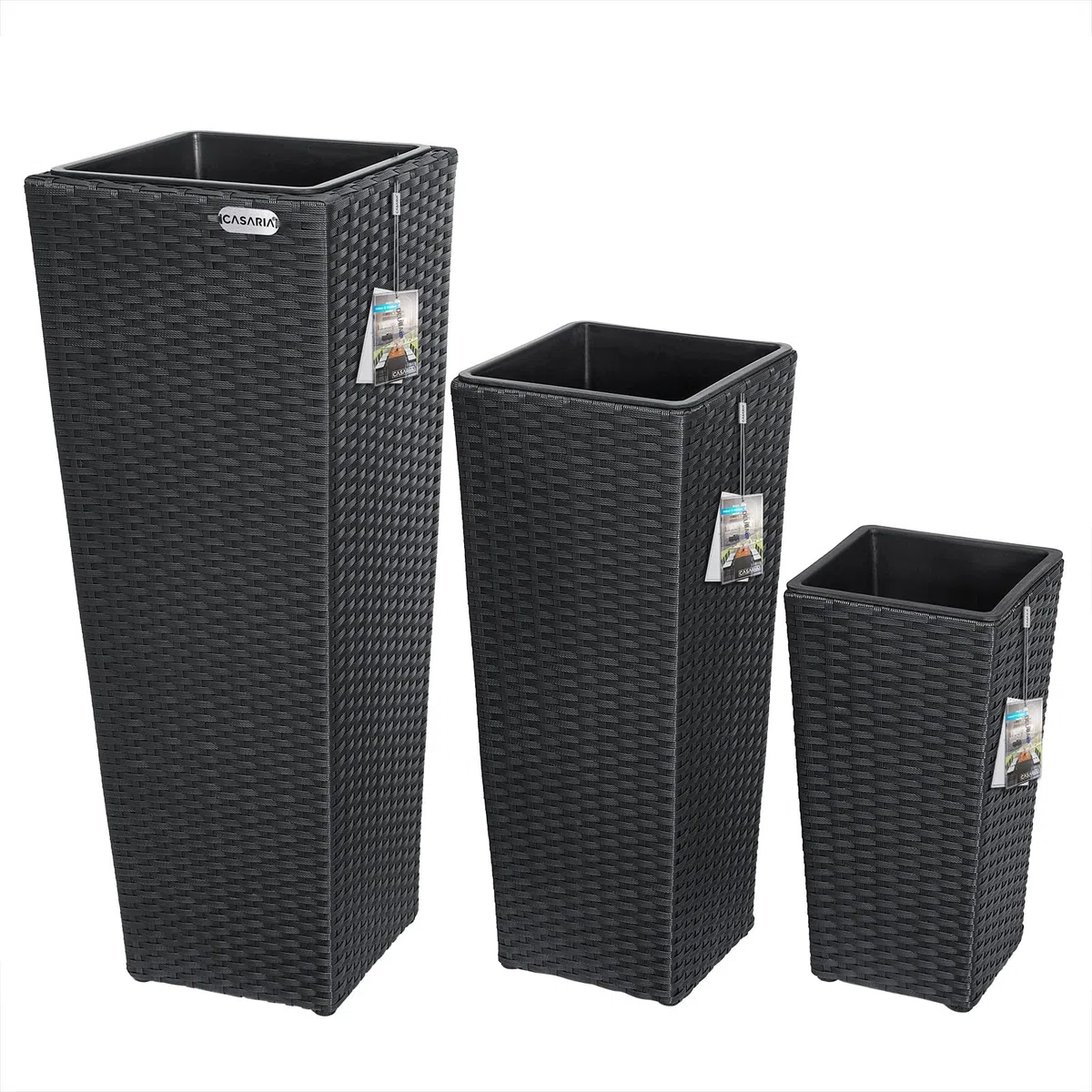Casaria Set de 3 Pots de Fleurs polyrotin Noir Cache-Pot Pot intérieur évacuation Eau extérieur intérieur bac à Fleurs jardinière