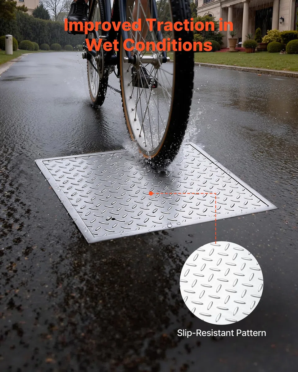 VEVOR Plaque d'Égout avec Cadre, Couvercle de Regard Carré de 60x60 cm, pour Inspection de Drainage Bouche d'Égout Trottoir Jardin, Couvercle de Fosse Septique en Acier au Carbone Antidérapant