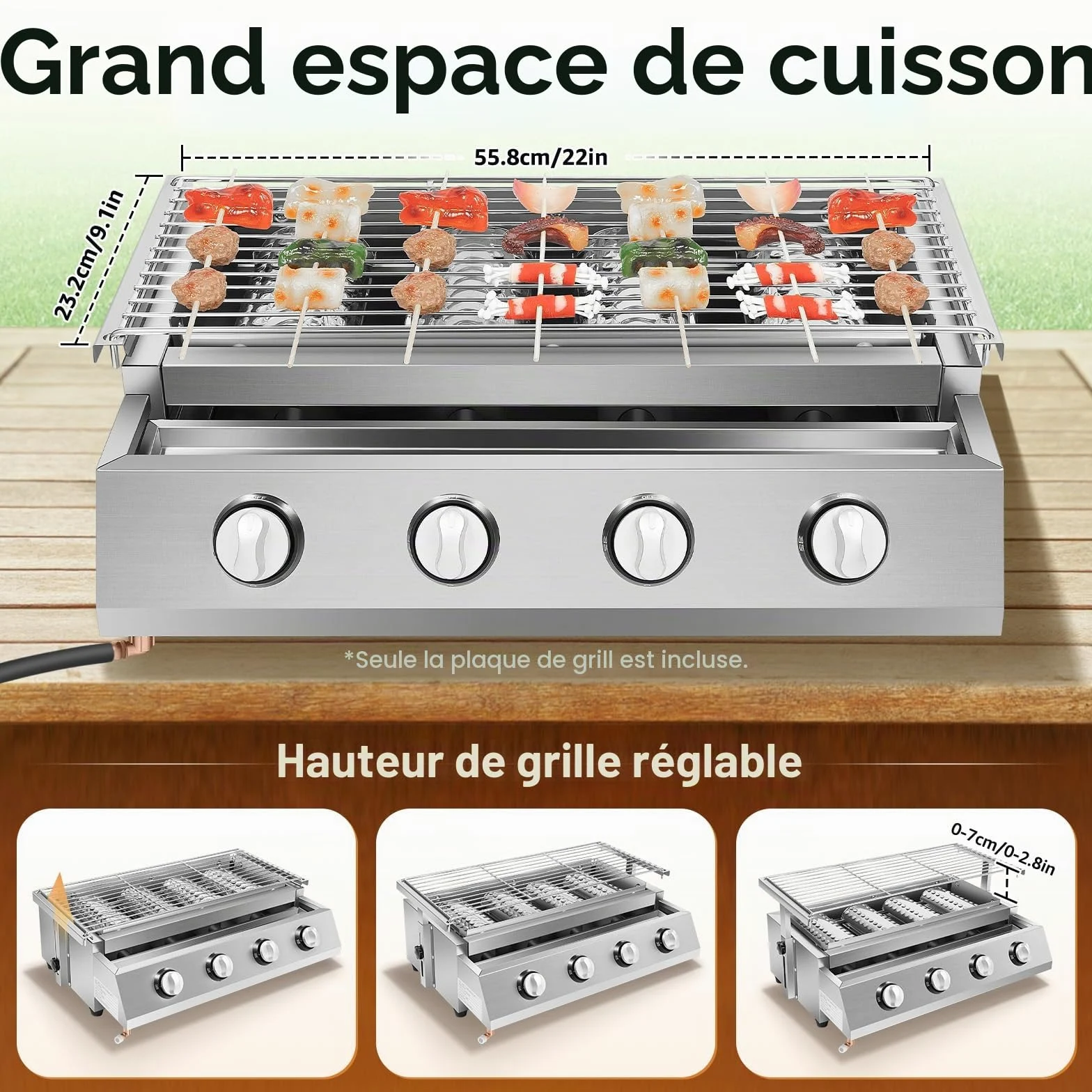 Barbecue à Gaz de Jardin en Acier Inoxydable, Grille de Cuisson Adjustable avec 4 Brûleurs, Surface de Cuisson 55x23 cm, Idéal pour Terrasse, Jardin et Extérieur (Argent)