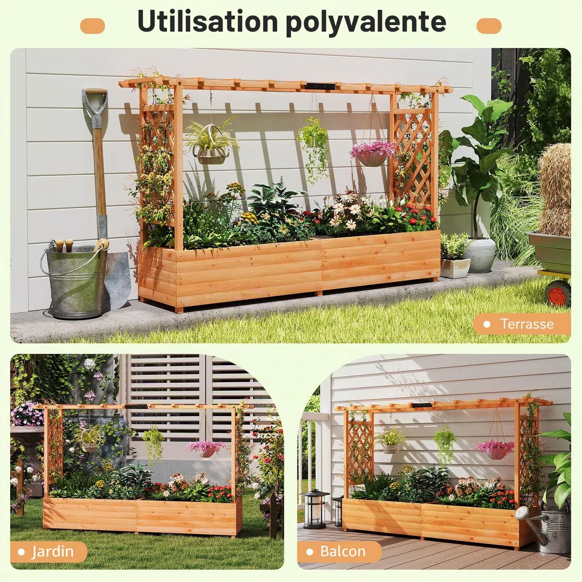 SOARS Jardinière surélevée avec treillis - 200 x 44 x 114 cm - Jardinière avec treillis et toit - Jardinière avec tuteur - Jardinière surélevée pour jardin, balcon, bois, pour fleurs, plantes