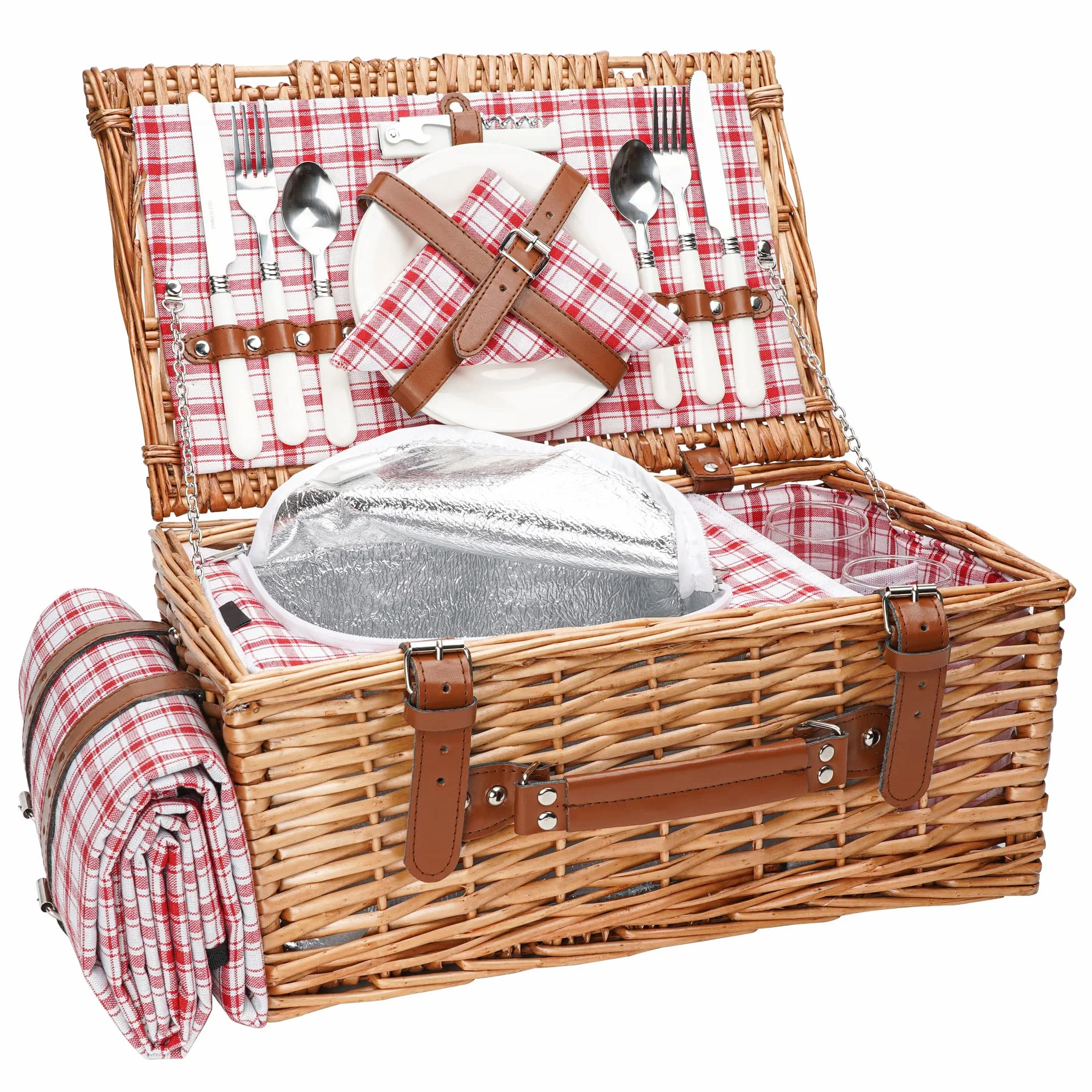 Panier de pique-nique en osier pour 2 personnes avec couverture de pique-nique imperméable et grand compartiment isotherme - Panier de pique-nique en saule avec kit de couverts pour camping, mariage