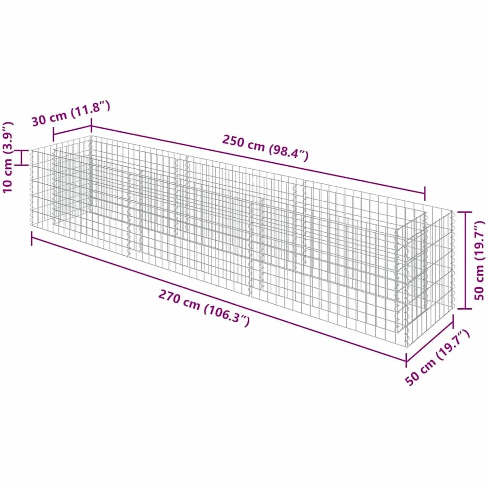 vidaXL Lit Surélevé à Gabion Acier Galvanisé 270x50x50 cm Jardinière Jardin