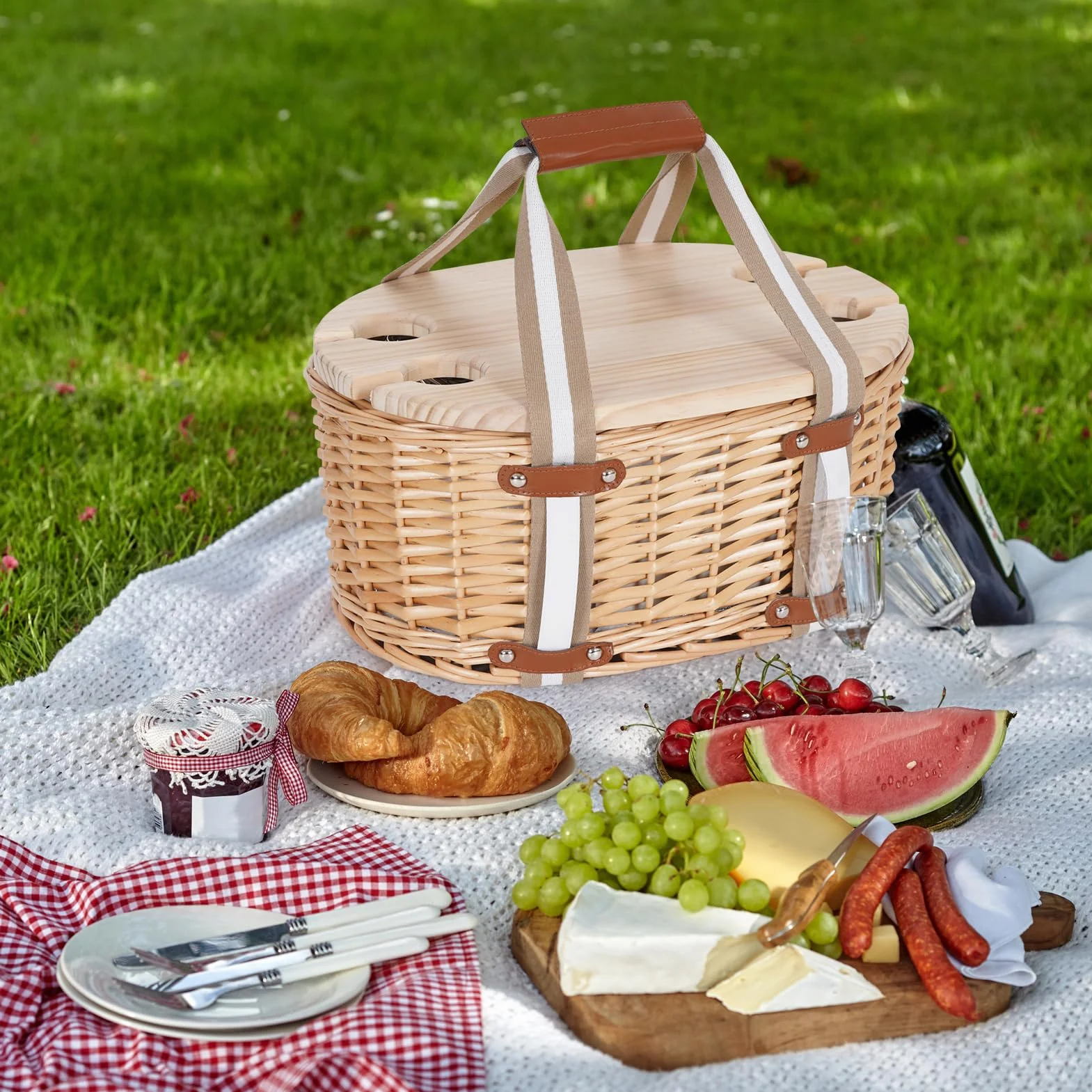 Panier de Pique-Nique Zettfuly pour 4 Personnes - Panier en Osier Isotherme avec Table à vin Pliante, kit de Pique-Nique à vin avec Doublure pour Couples, Camping, extérieur, Saint-Valentin (Feuille)
