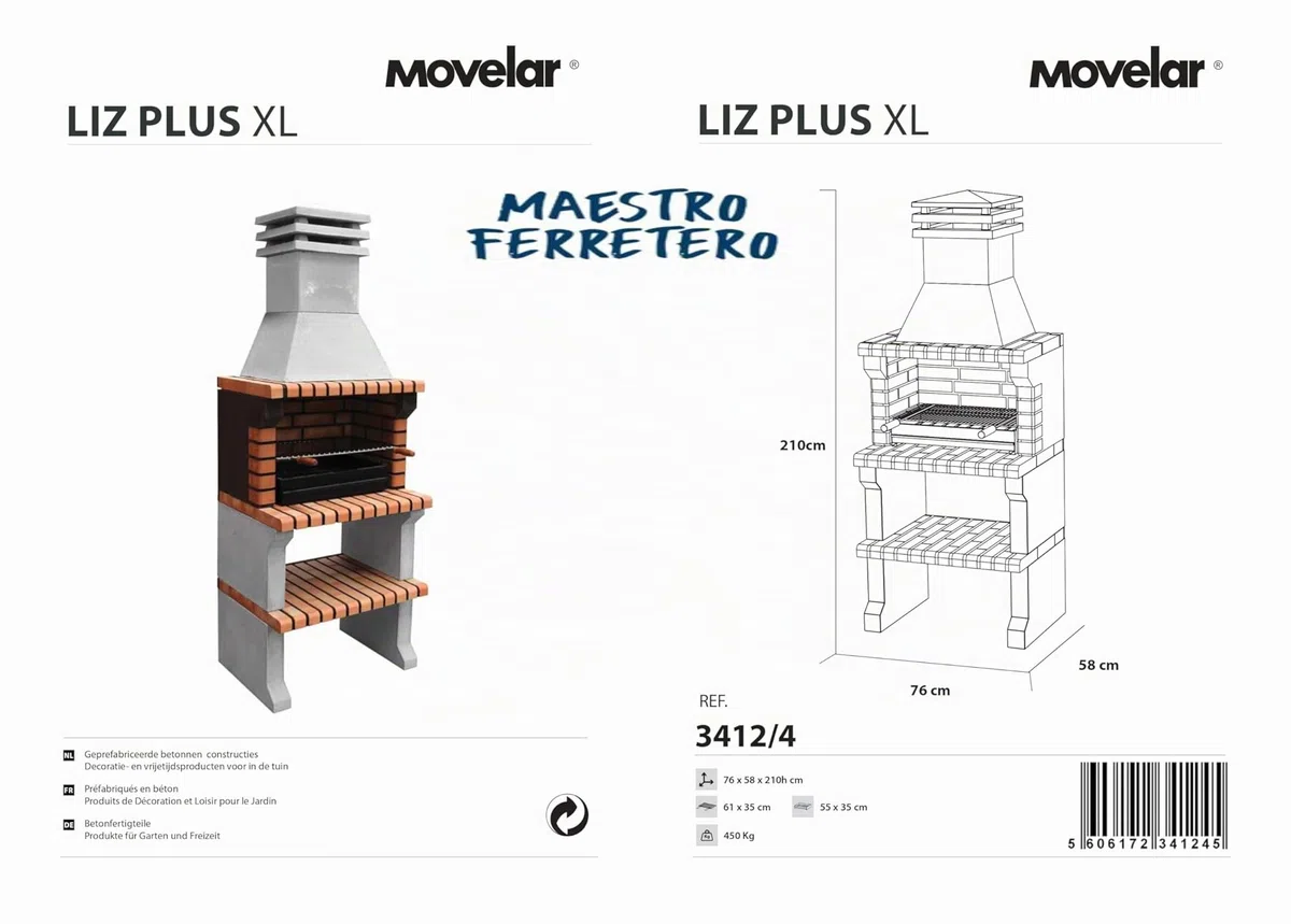 MOVELAR - Barbecue préfabriqué à bois et charbon de bois en béton réfractaire modèle Liz XL (Gris, Orange - 76 x 58 x 210 cm) REF: 3412/4 - Cuisine extérieure compacte pour terrasse, patio ou jardin