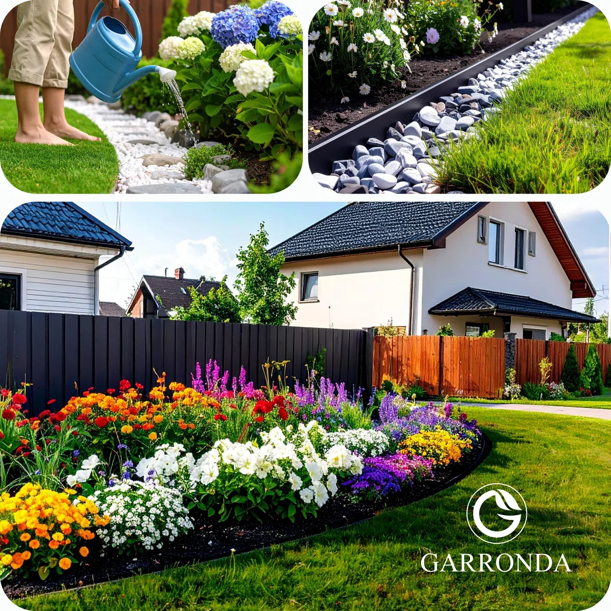 Garronda Bordure de Jardin 24 m, Bordurette Flexible Plastique Noir 5,8 cm avec 100 Piquets, Délimitation Pelouse Massifs Potager, GD-0157
