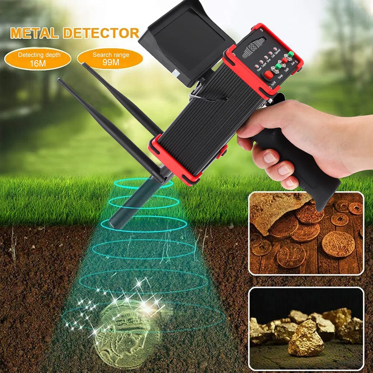 Détecteur de métaux, Kit de détecteur d'or en métal à écran HD avec écouteur, Treasure Finder Metal Scanner Search Range 99 mètres Détection de Profondeur 16M pour Or Argent Cuivre(EU)