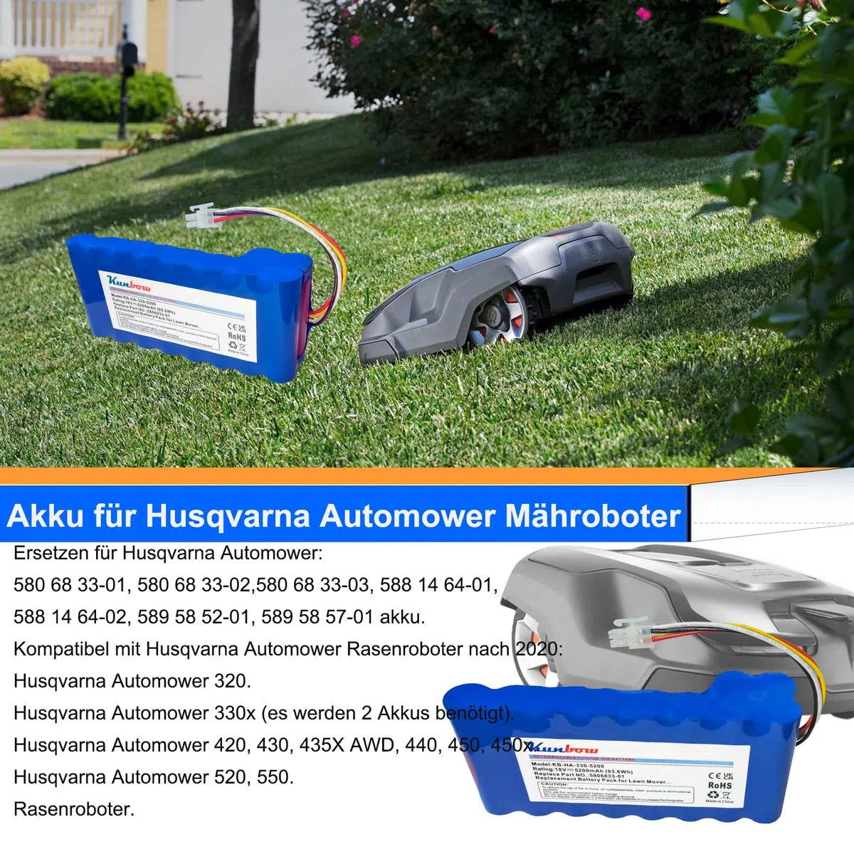 Batterie 5200 mAh pour Tondeuse Robot, Batterie de Rechange pour Husqvarna Automower 320, 330X, 420, 430, 430X, 440, 450X, 520, 550, remplaçant la Batterie 580 68 33-01, 580 68 33-02. (18 V/93,6 Wh)