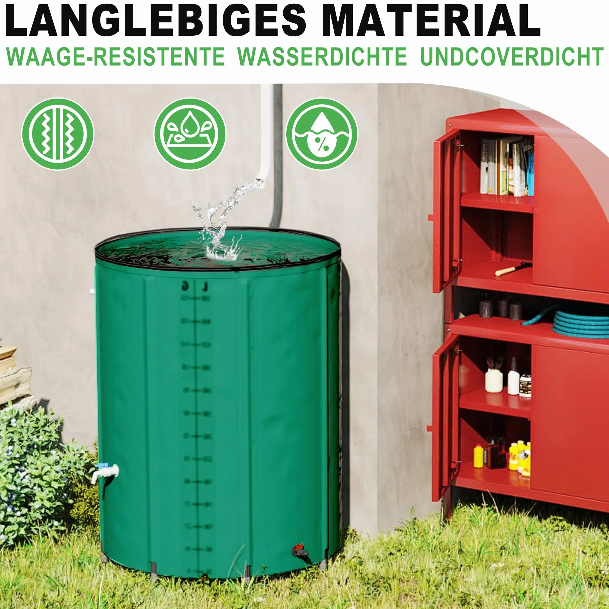 Froadp Récupérateur d'eau de pluie pliable de 380 l, avec couvercle et échelle, bâche mate, réservoir d'eau de pluie pour arrosage du jardin, bain de glace, avec valve de vidange, vert