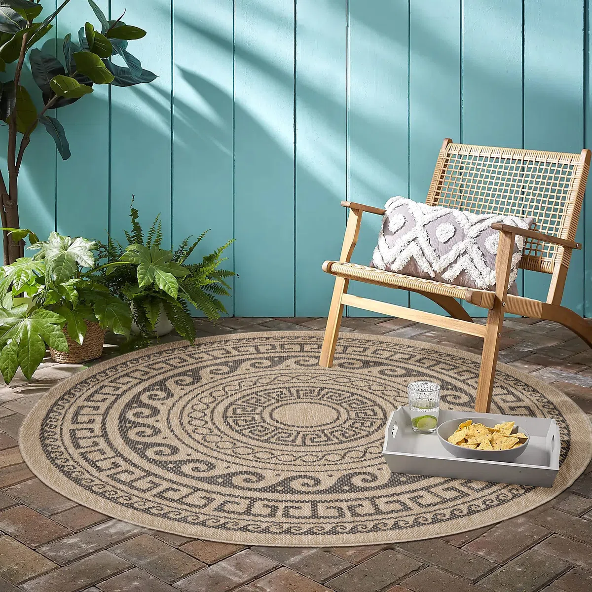 Teppium Tapis d'extérieur résistant aux intempéries, 120 cm, rond, aspect sisal naturel et jute – Tapis de cuisine lavable, antidérapant, imperméable, design greek, facile d'entretien – Idéal pour