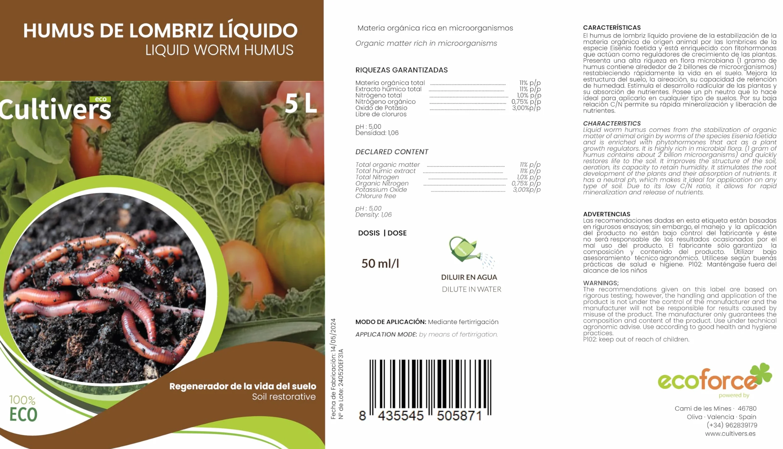 CULTIVERS Humus de vers Liquide Organique 10 L. Matière Organique Riche en Microorganismes. Régénérateur de Vie du Sol