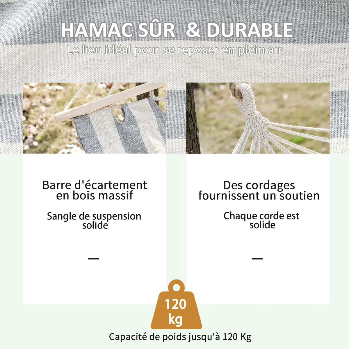 Outsunny Hamac de Voyage Portable Style Hippie Chic Toile de hamac dim. 2L x 1l m Coton Polyester Gris écru rayé