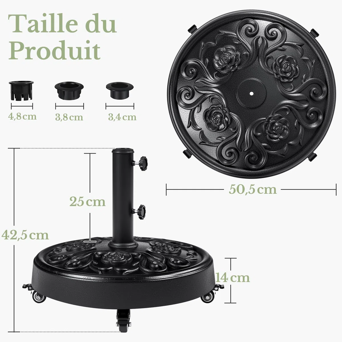 Yaheetech Pied de Parasol à roulettes 25 KG, Base de Parasol Vintage à Motif Rose pour Mât de Ø 34mm/38mm/48mm du Parasol, Support Pied Parasol pour Jardin, Terrasse, Plage (Noir)