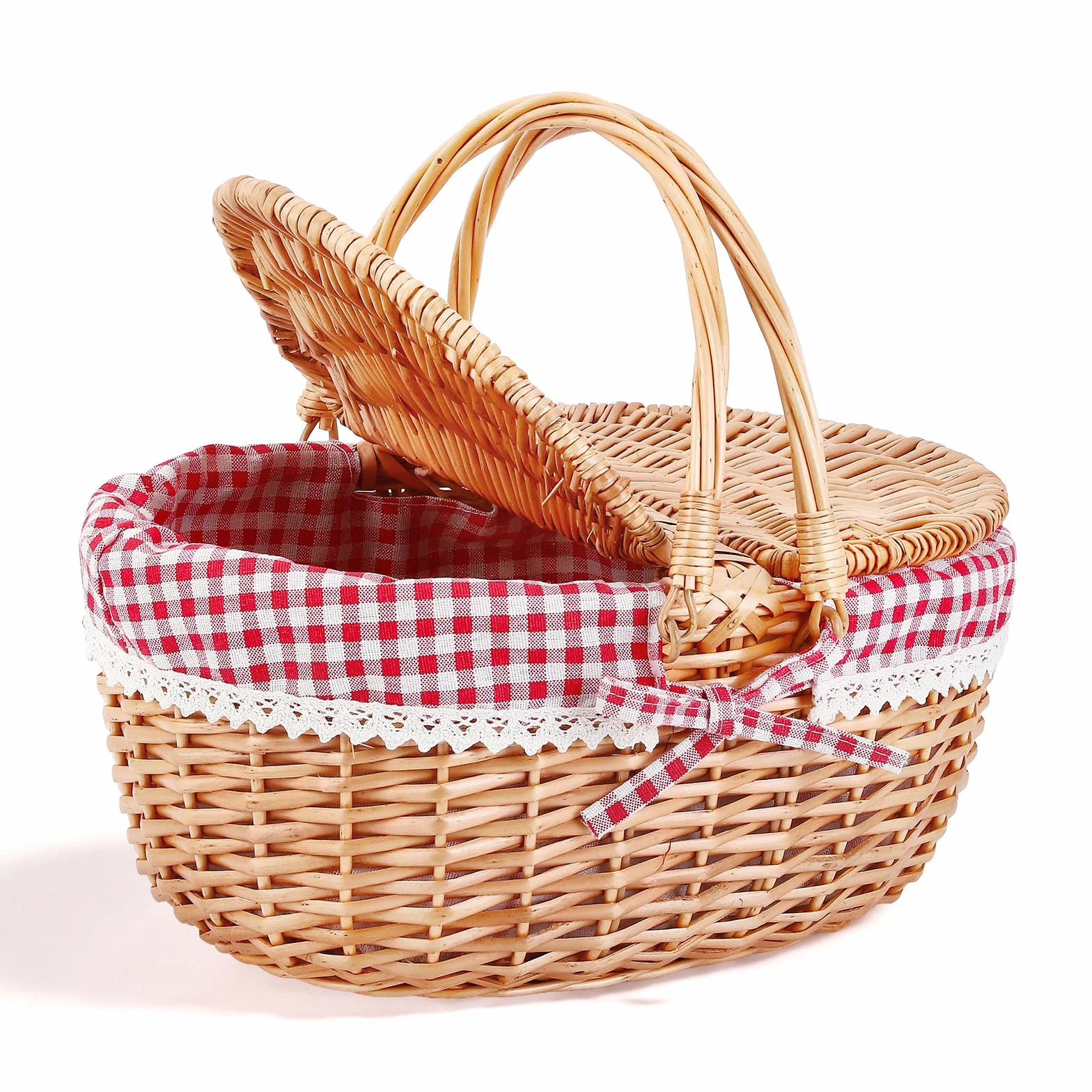 Wicker Picnic Basket Panier Pique Nique, Grand Panier de Rangement avec Double Couvercle Rabattable & Anse Pliable, Panier Tressé Portable pour Pique-Nique en Plein Air, Camping, Courses, Hiking, BBQ