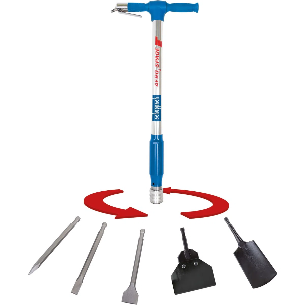Scheppach Bêche pneumatique Aero²Spade | 27Joules | 6,3 Bar | Consommation d'air 280 L/Min | Poignée en Caoutchouc Anti-Vibrations | Lame de bêche forgée, Burins, Pointerolle et Grattoir Inclus